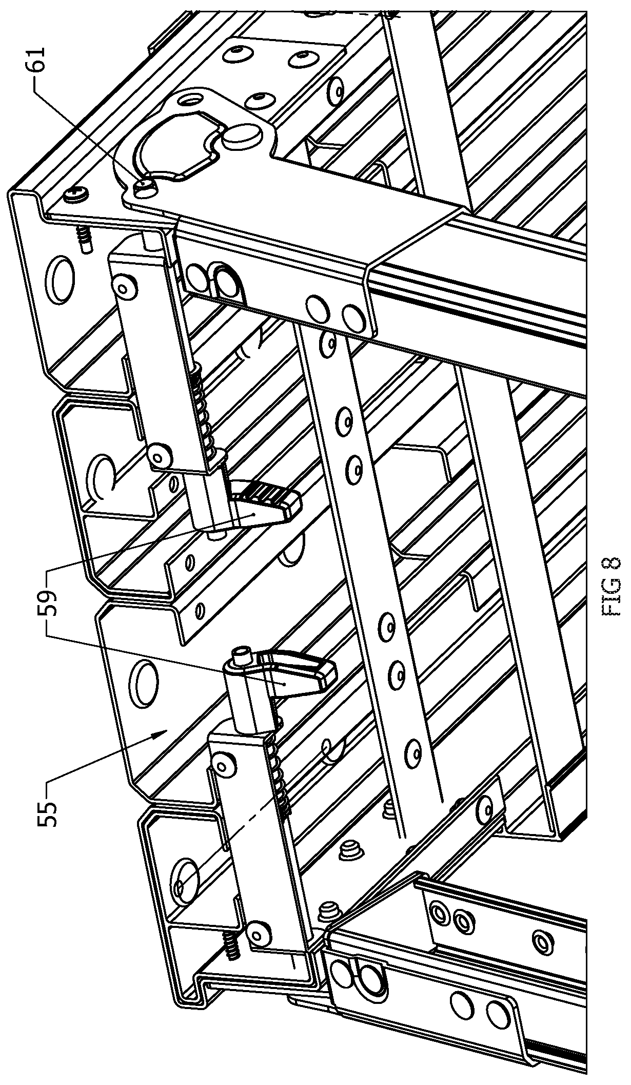 Patent US12320133 Figure 8 – Stairway work platform and method