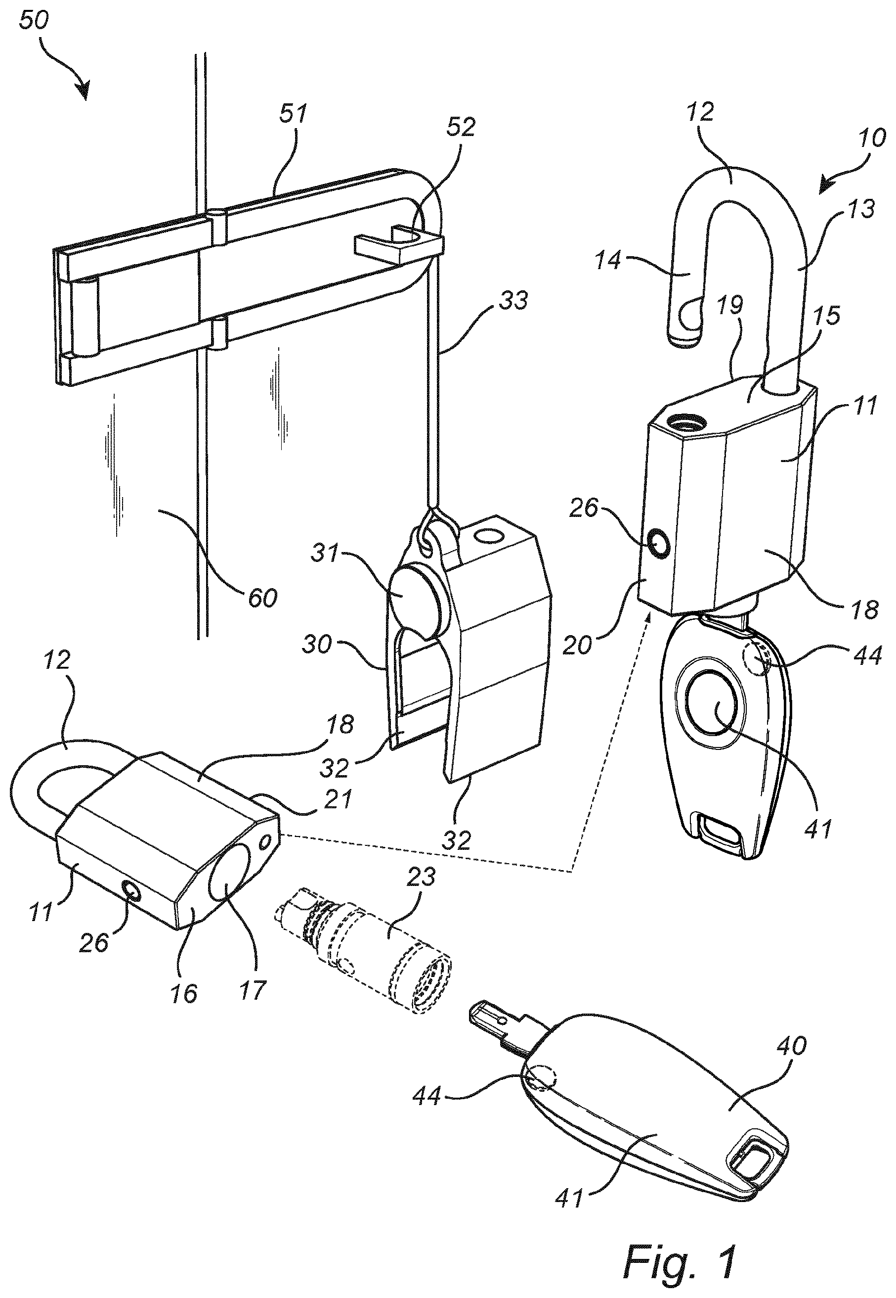 Patent US12320153 Figure 1 – Arrangement and method for providing status of an electromagnetic padlock