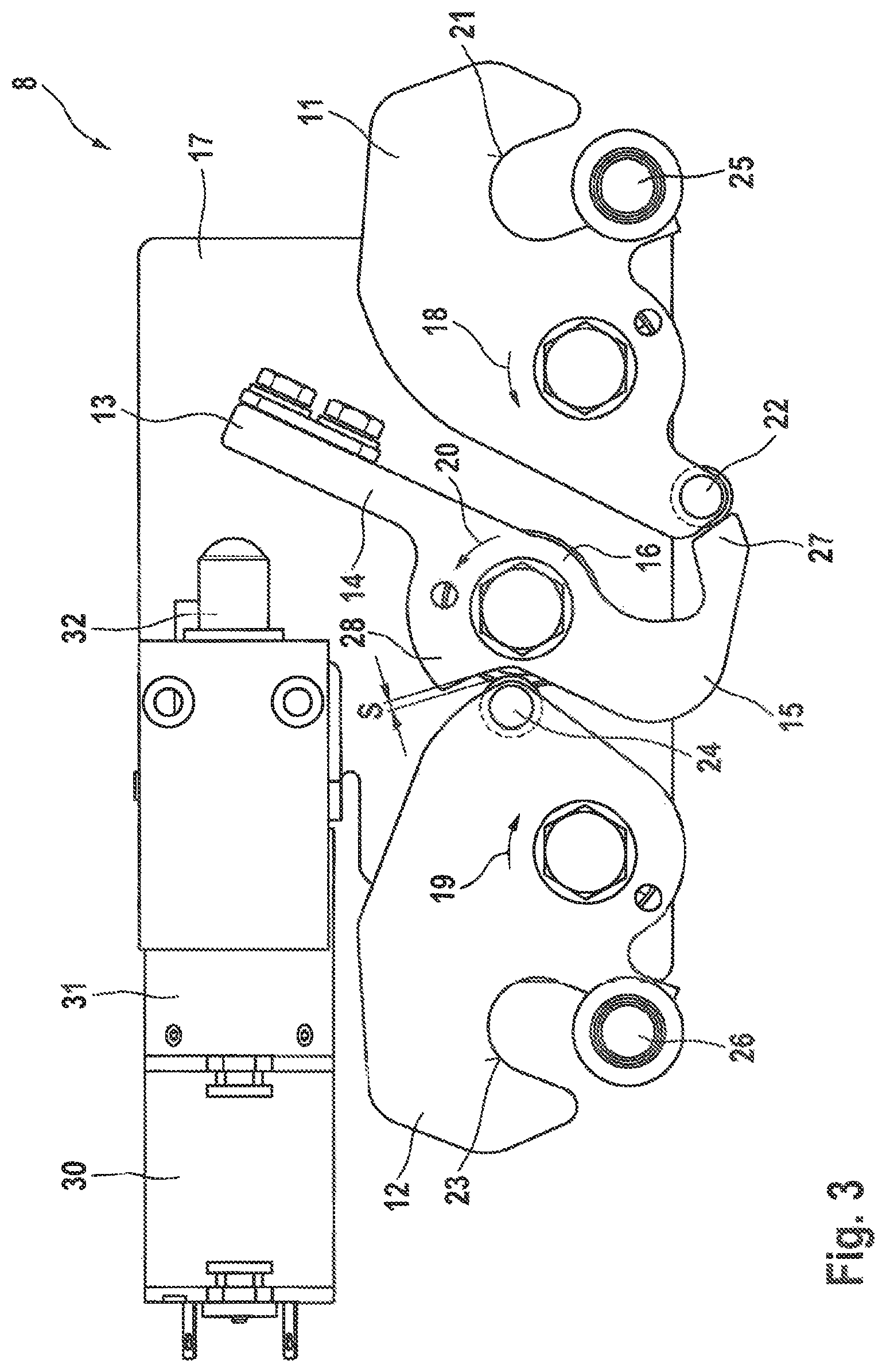 Patent US12320170 Figure 3 – Double-leaf vehicle door device with pre-locking function for the leading door leaf