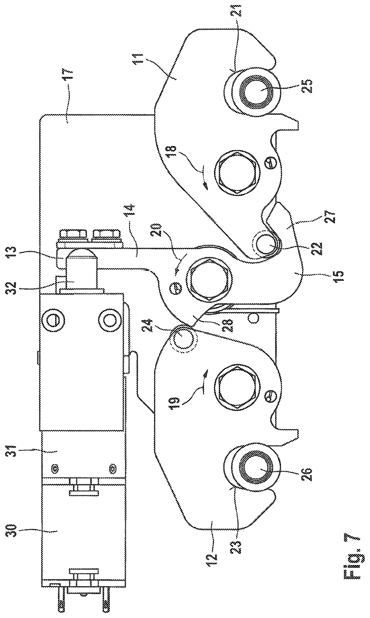 Patent US12320170 Figure 7 – Double-leaf vehicle door device with pre-locking function for the leading door leaf