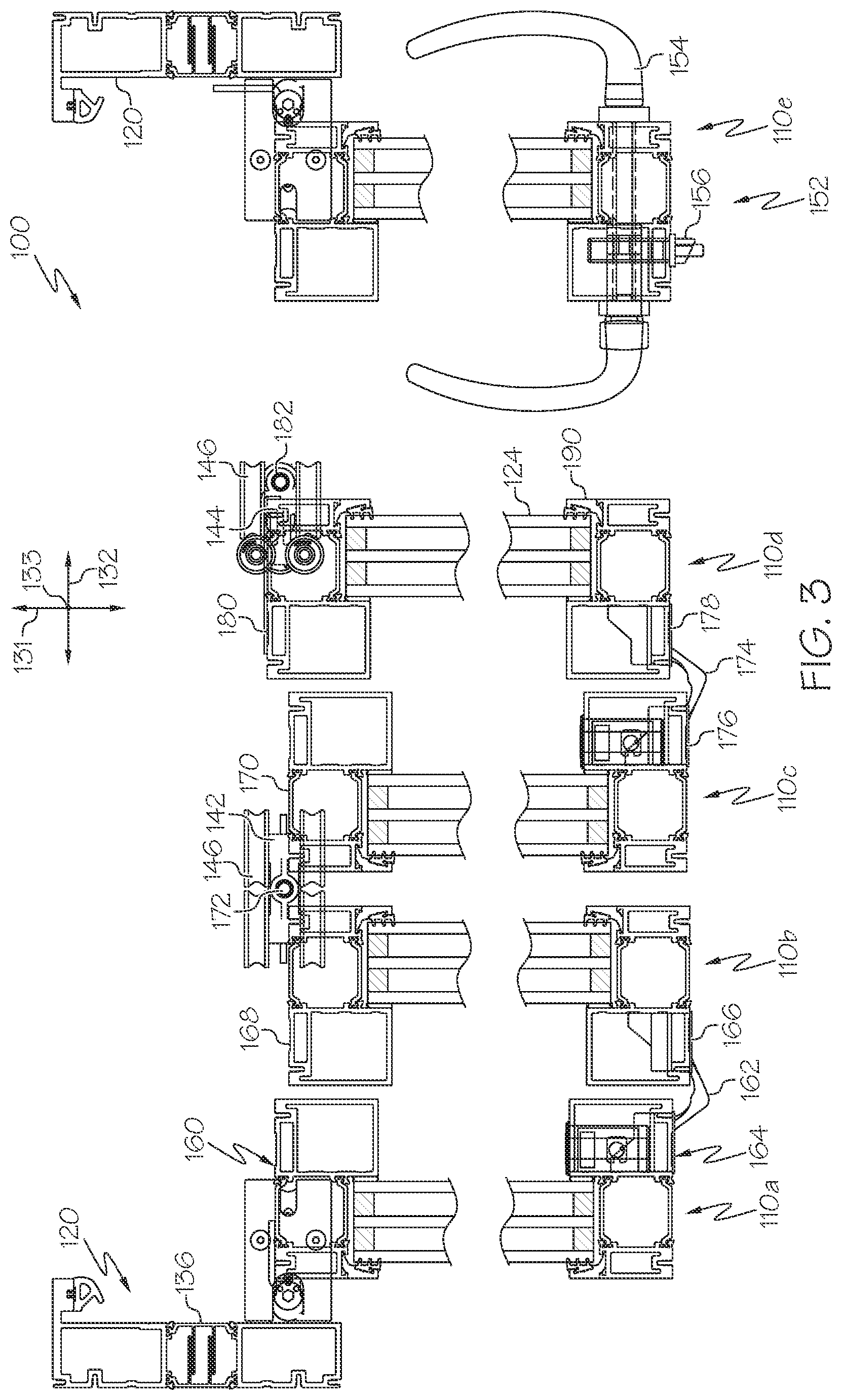 Patent US12320187 Figure 3 – Panel frame joints, sills, and other elements of folding door systems with shootbolt system