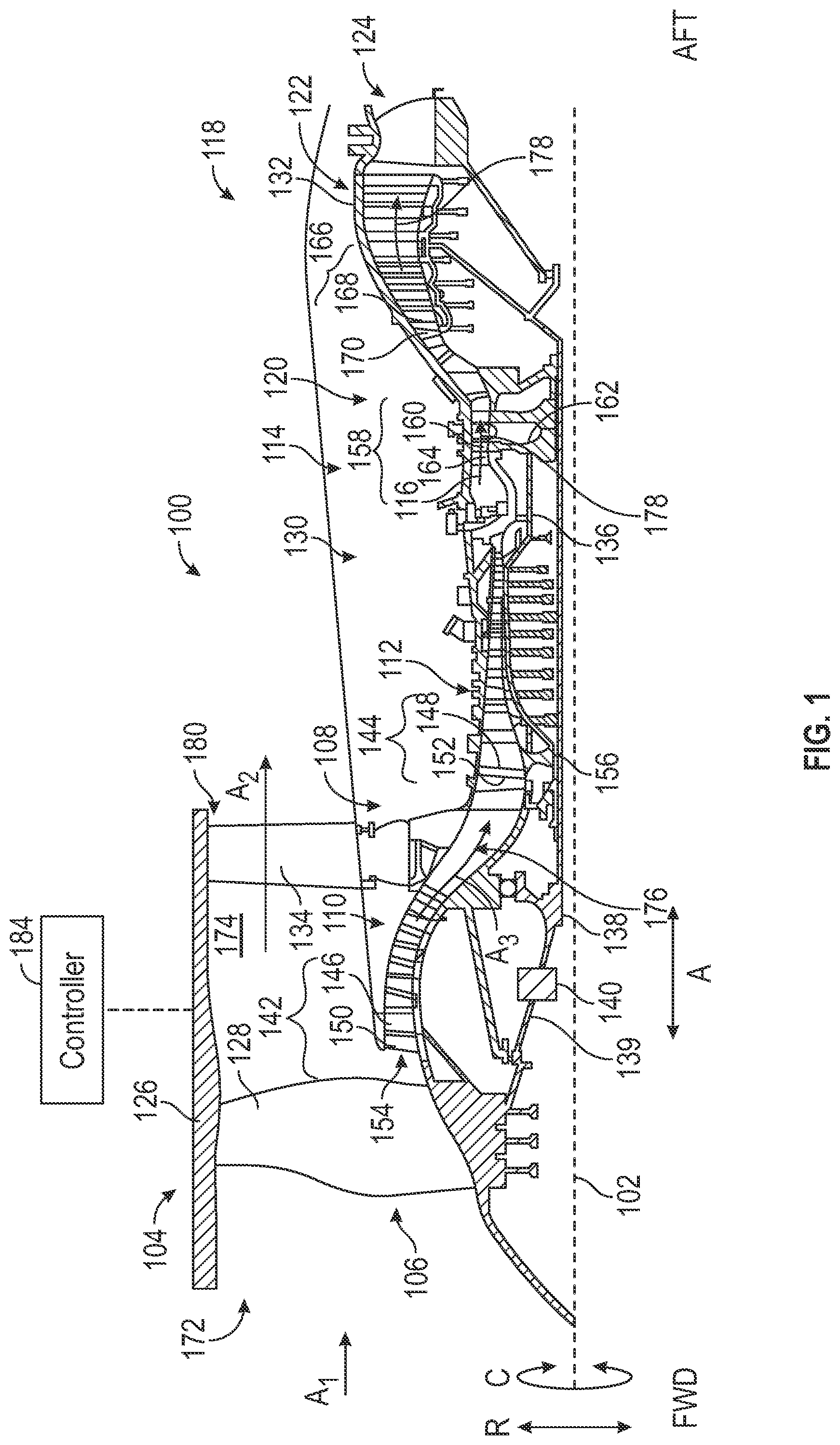 Patent US12320261 Figure 1 – Gas turbine engine having a hydraulic fan brake
