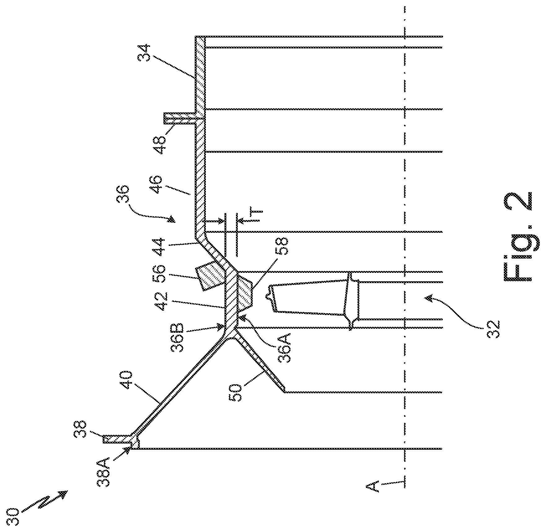 Patent US12320266 Figure 2 – Containment engine case with local features and inner surface reinforcement section