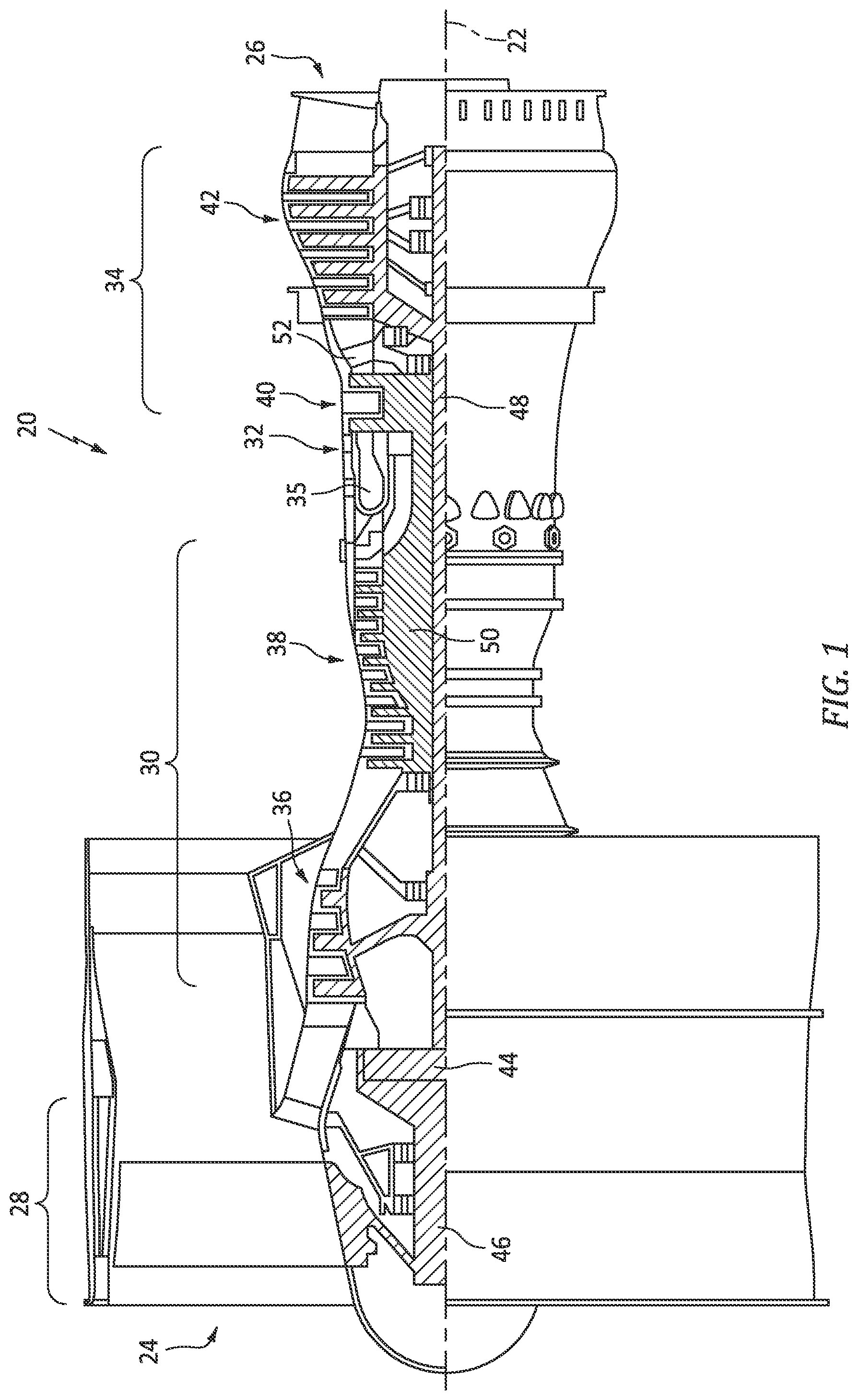 Patent US12320270 — Gas turbine engine with bypass TOBI cooling/purge flow and method — Figure 1