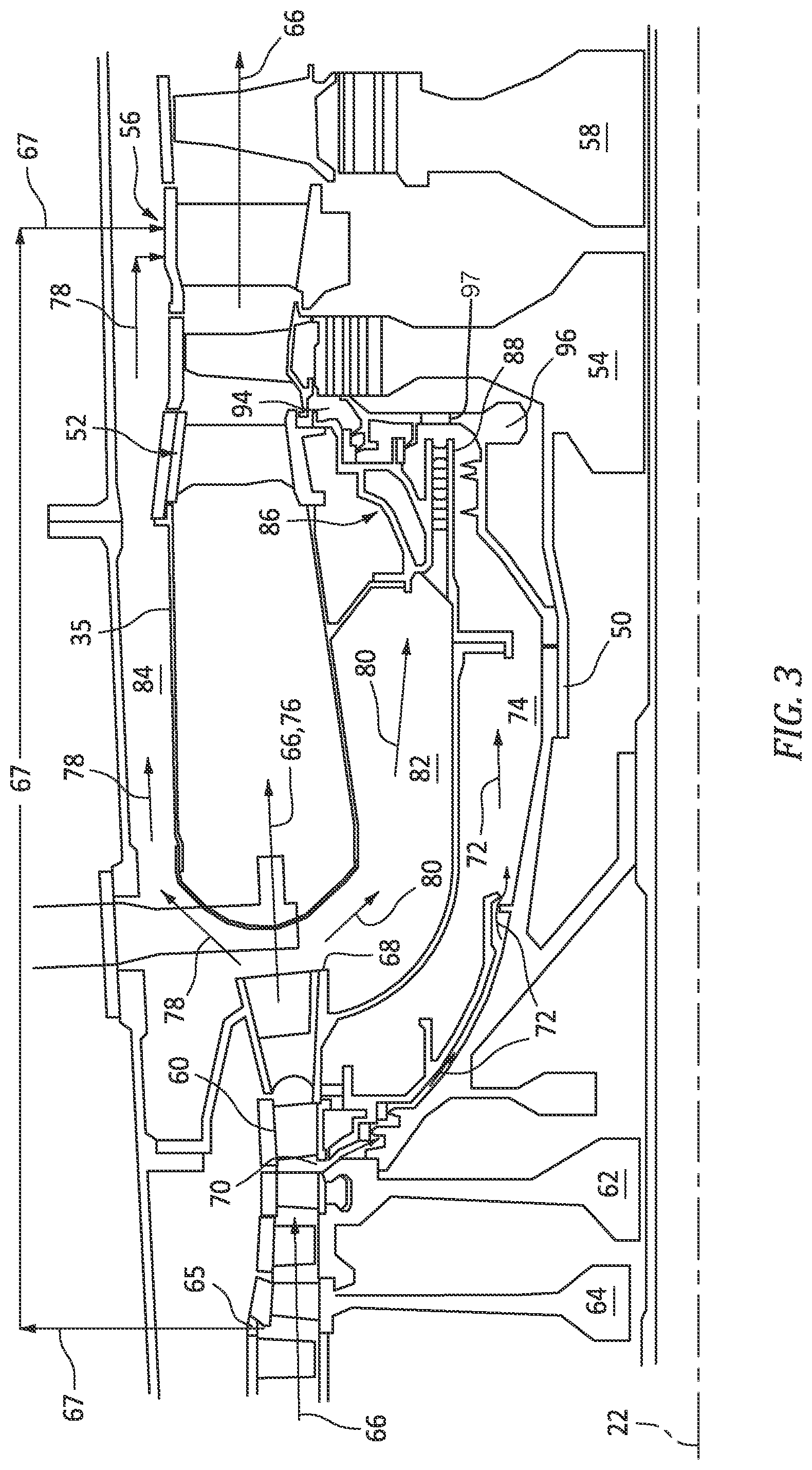 Patent US12320270 Figure 3 – Gas turbine engine with bypass TOBI cooling/purge flow and method