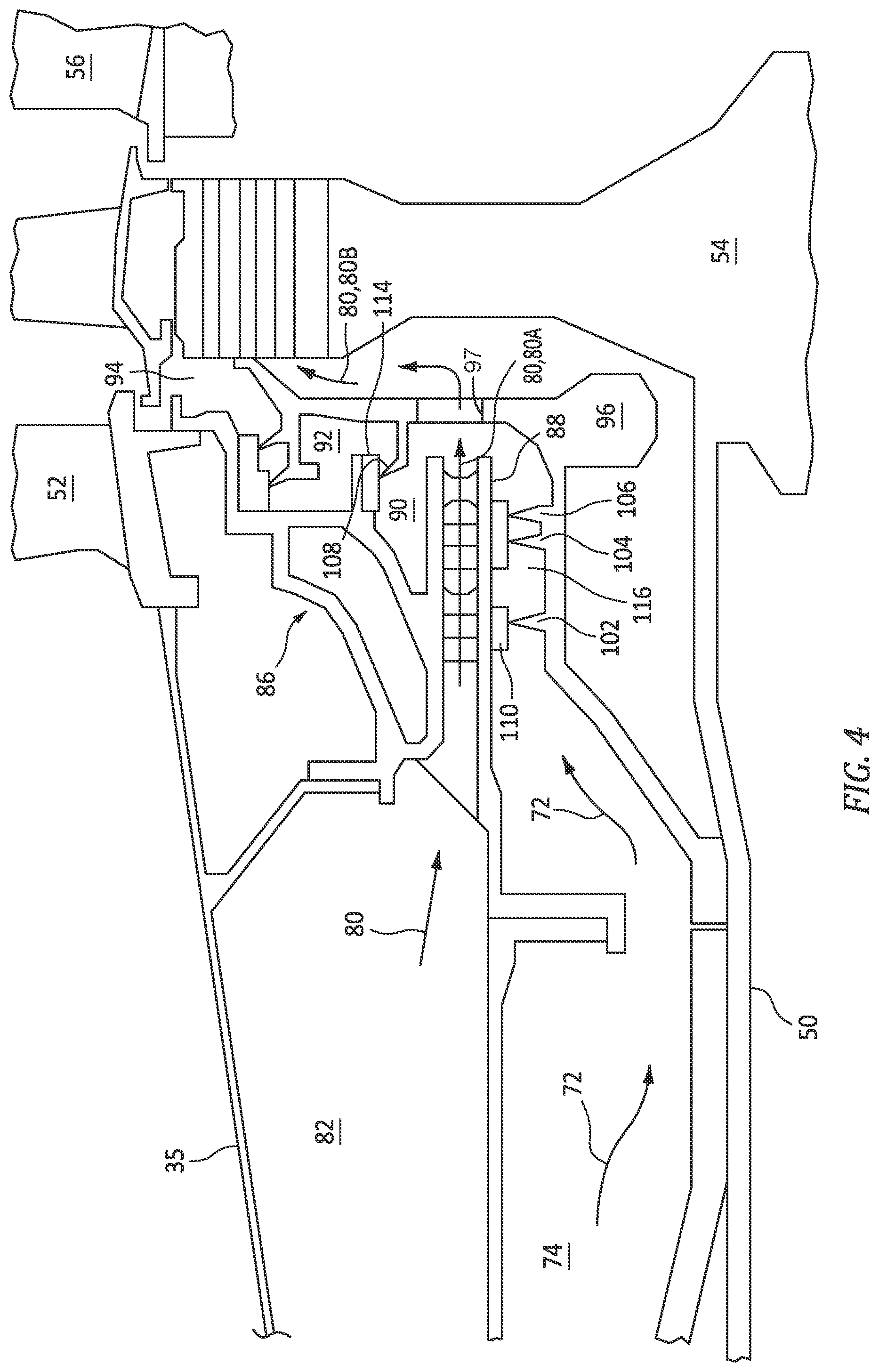 Patent US12320270 Figure 4 – Gas turbine engine with bypass TOBI cooling/purge flow and method