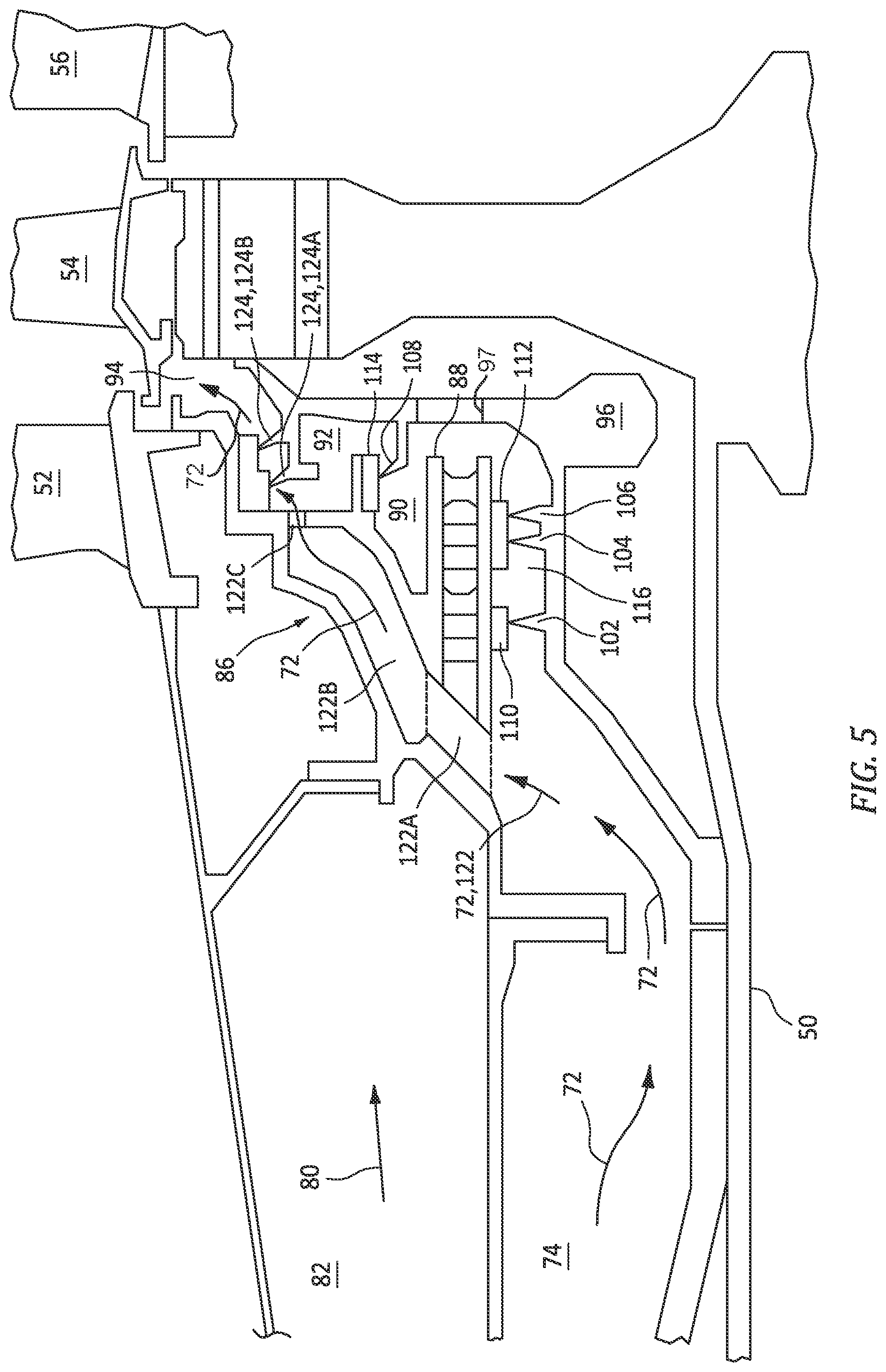 Patent US12320270 Figure 5 – Gas turbine engine with bypass TOBI cooling/purge flow and method
