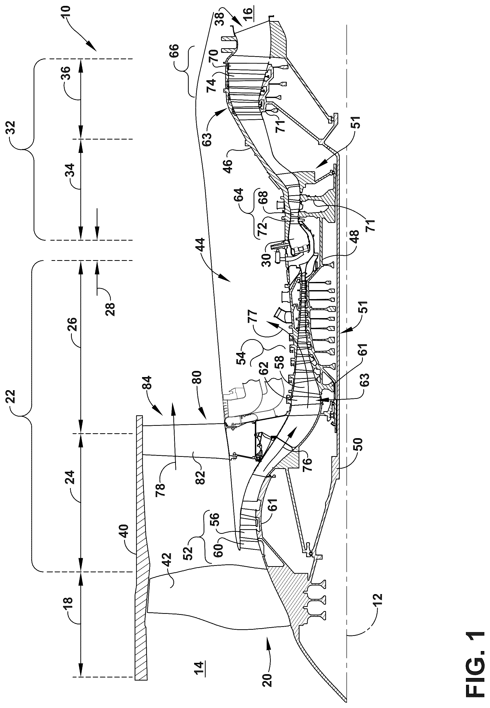 Patent US12320272 Figure 1 – Turbine engine having a composite assembly