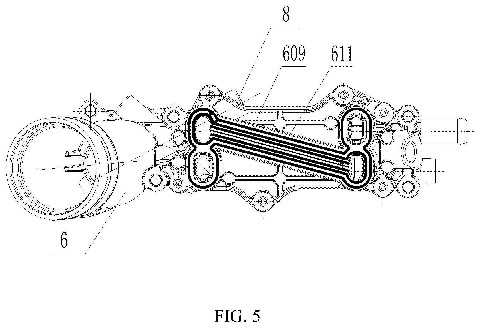 Patent US12320279 Figure 5 – Structure of oil channel of oil filter base assembly in vehicle