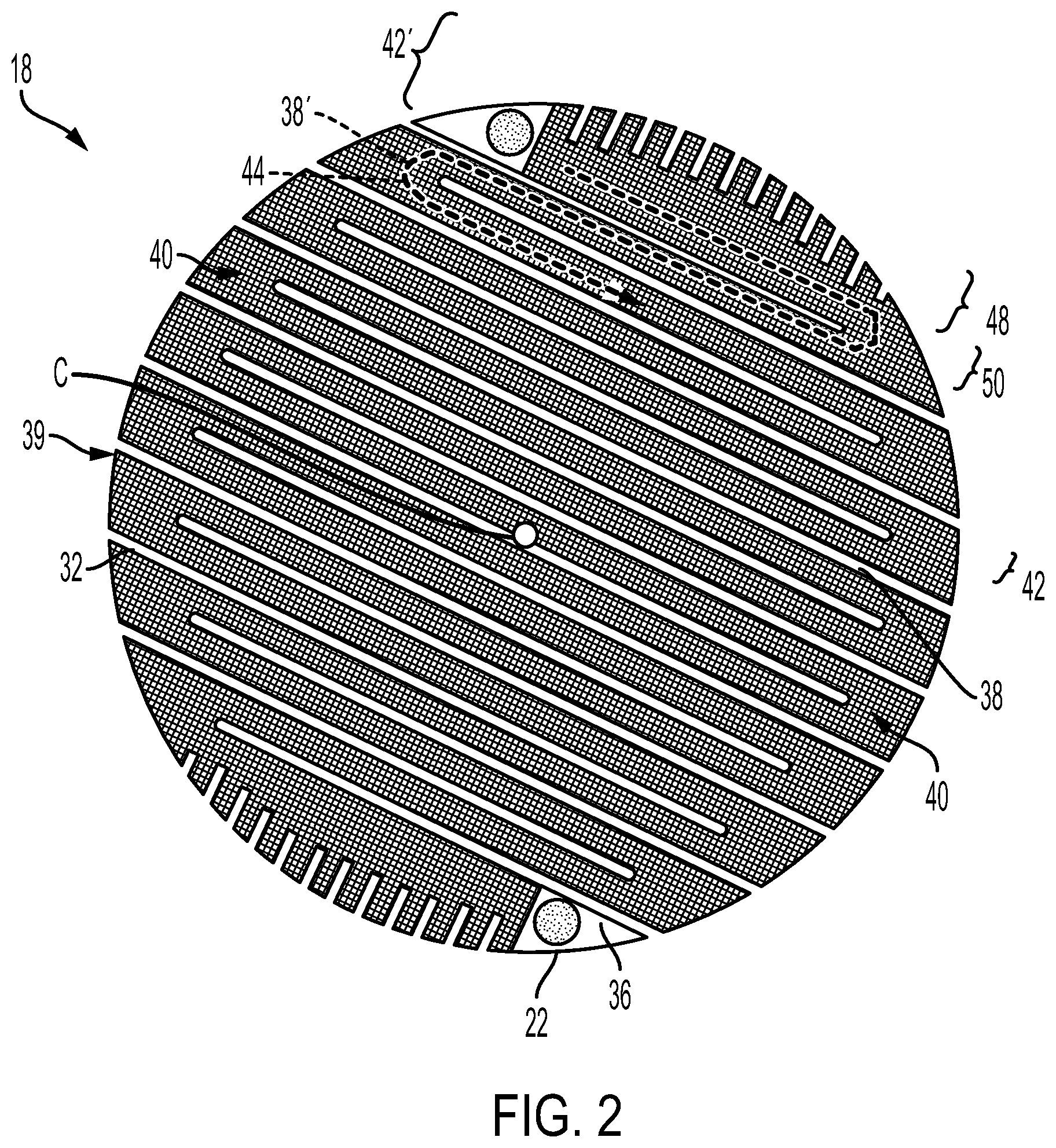Patent US12320286 Figure 2 – Electrical heaters having serpentine designs and selected dead zones for exhaust aftertreatment systems and assemblies