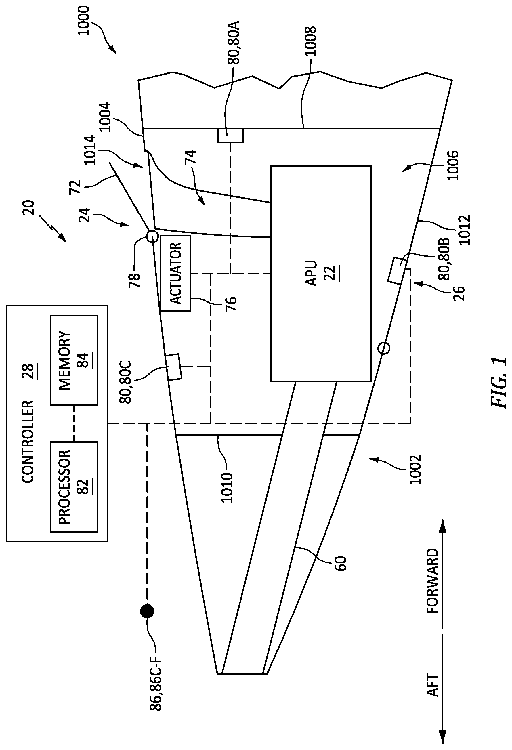 Patent US12320296 Figure 1 – Aircraft engine assembly for controlling engine oil flow during fire conditions and method for using same