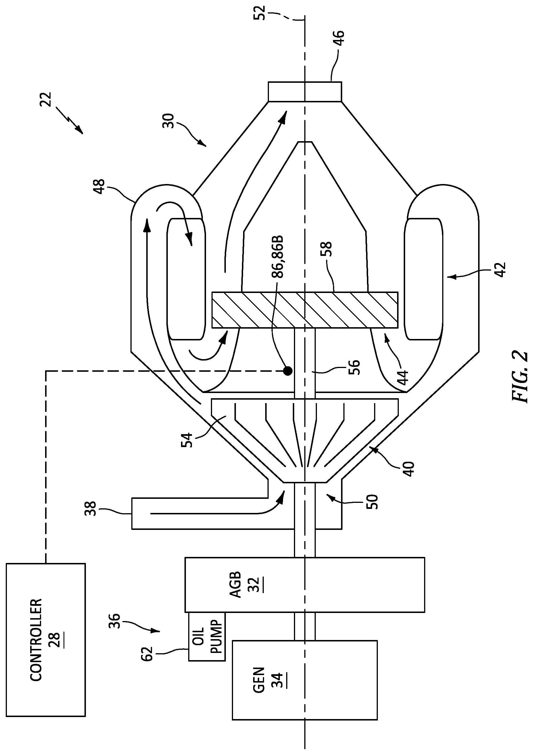 Patent US12320296 Figure 2 – Aircraft engine assembly for controlling engine oil flow during fire conditions and method for using same