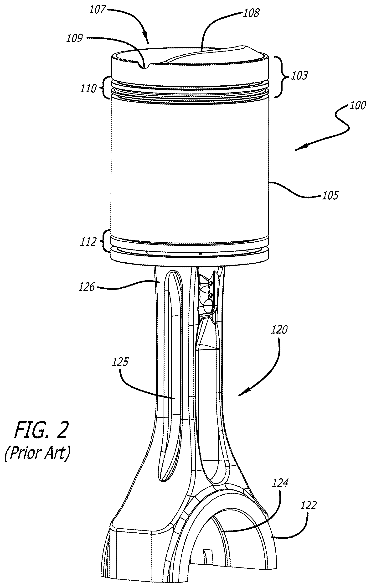Patent US12320312 Figure 2 – Piston assembly with opposing injection regions for an opposed-piston engine