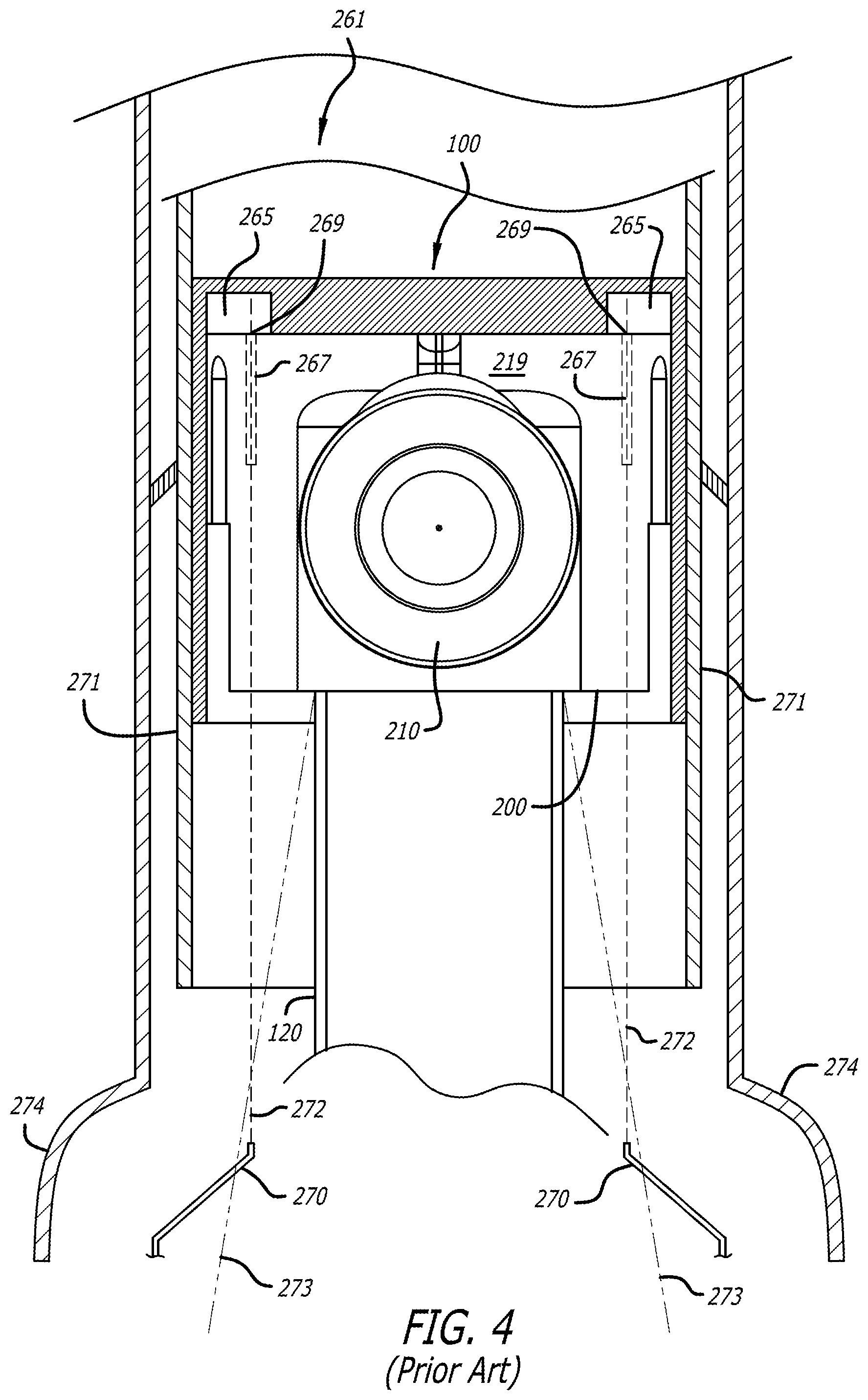Patent US12320312 Figure 4 – Piston assembly with opposing injection regions for an opposed-piston engine