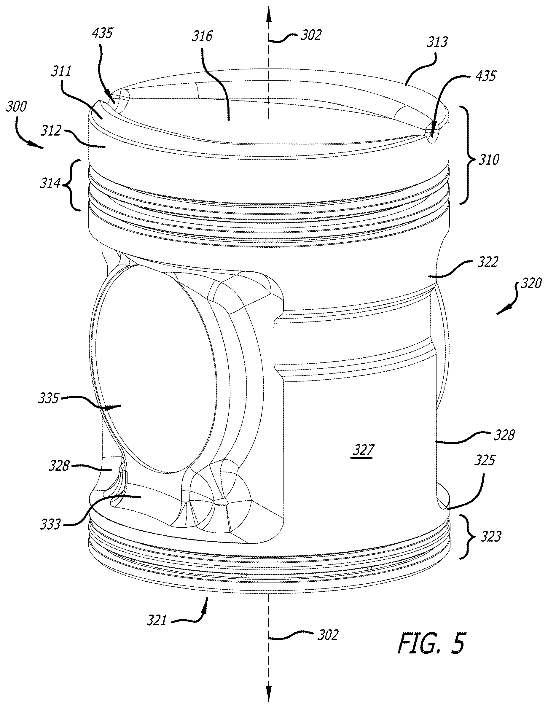 Patent US12320312 Figure 5 – Piston assembly with opposing injection regions for an opposed-piston engine