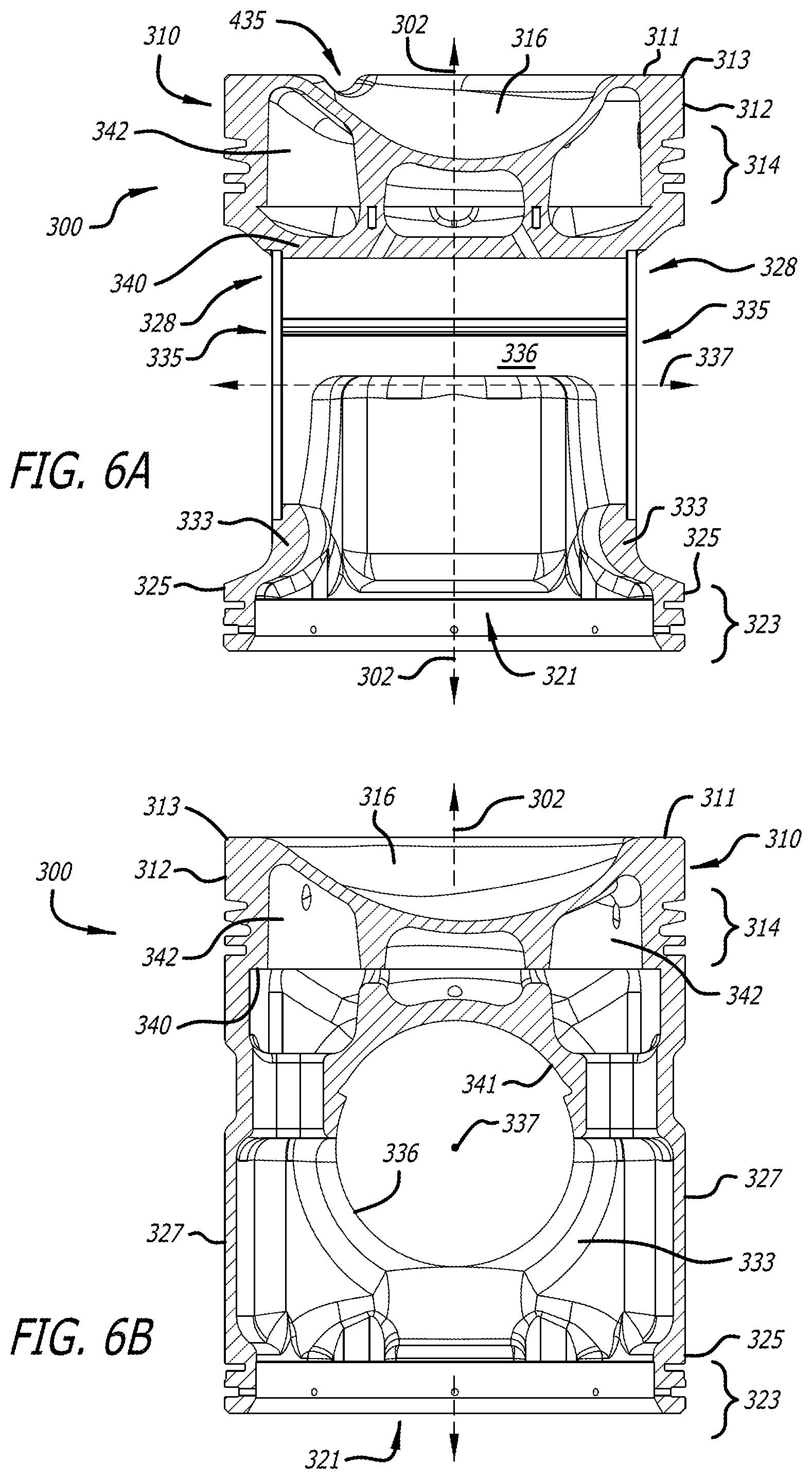 Patent US12320312 Figure 6 – Piston assembly with opposing injection regions for an opposed-piston engine