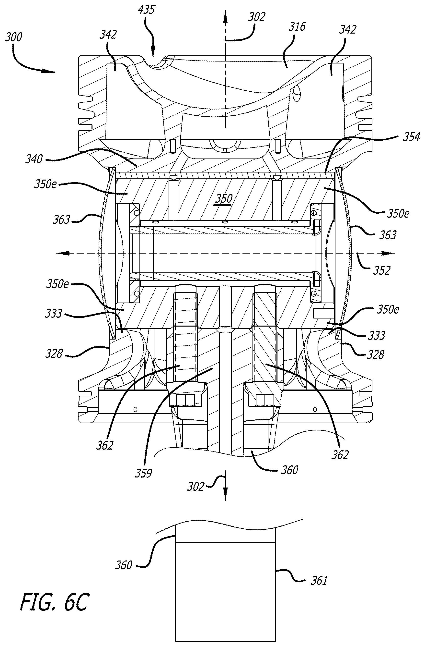 Patent US12320312 Figure 7 – Piston assembly with opposing injection regions for an opposed-piston engine