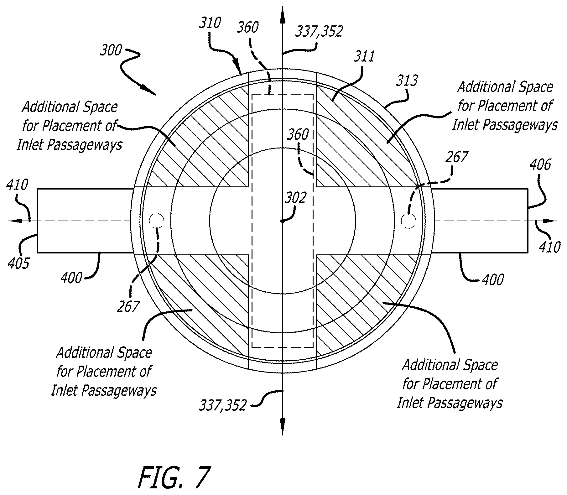 Patent US12320312 Figure 8 – Piston assembly with opposing injection regions for an opposed-piston engine