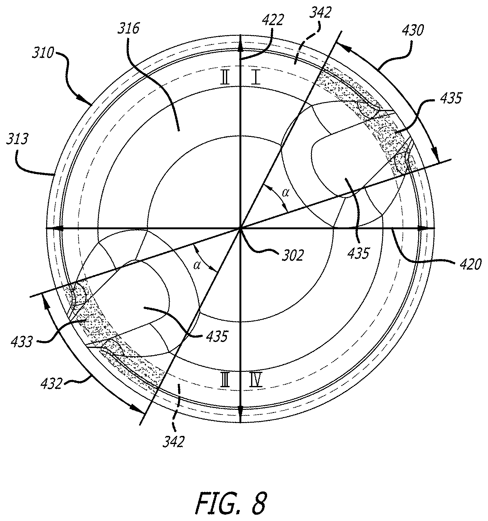 Patent US12320312 Figure 9 – Piston assembly with opposing injection regions for an opposed-piston engine