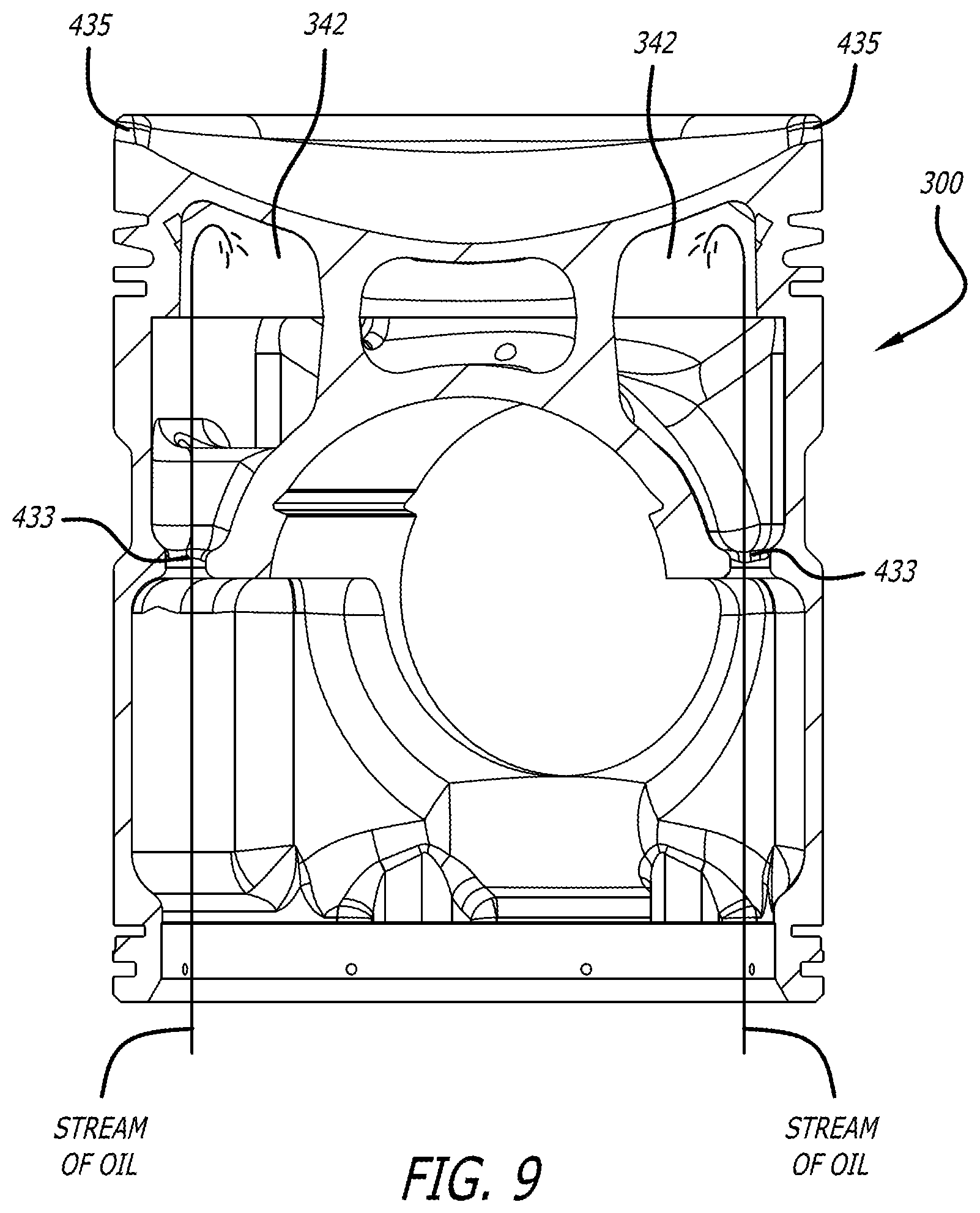 Patent US12320312 Figure 10 – Piston assembly with opposing injection regions for an opposed-piston engine