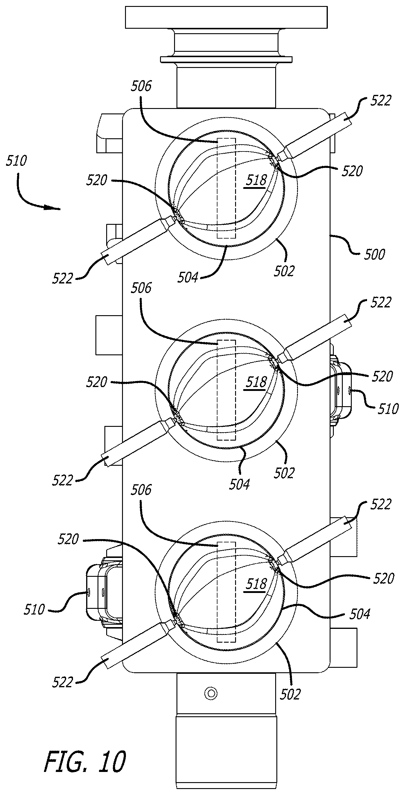 Patent US12320312 Figure 11 – Piston assembly with opposing injection regions for an opposed-piston engine