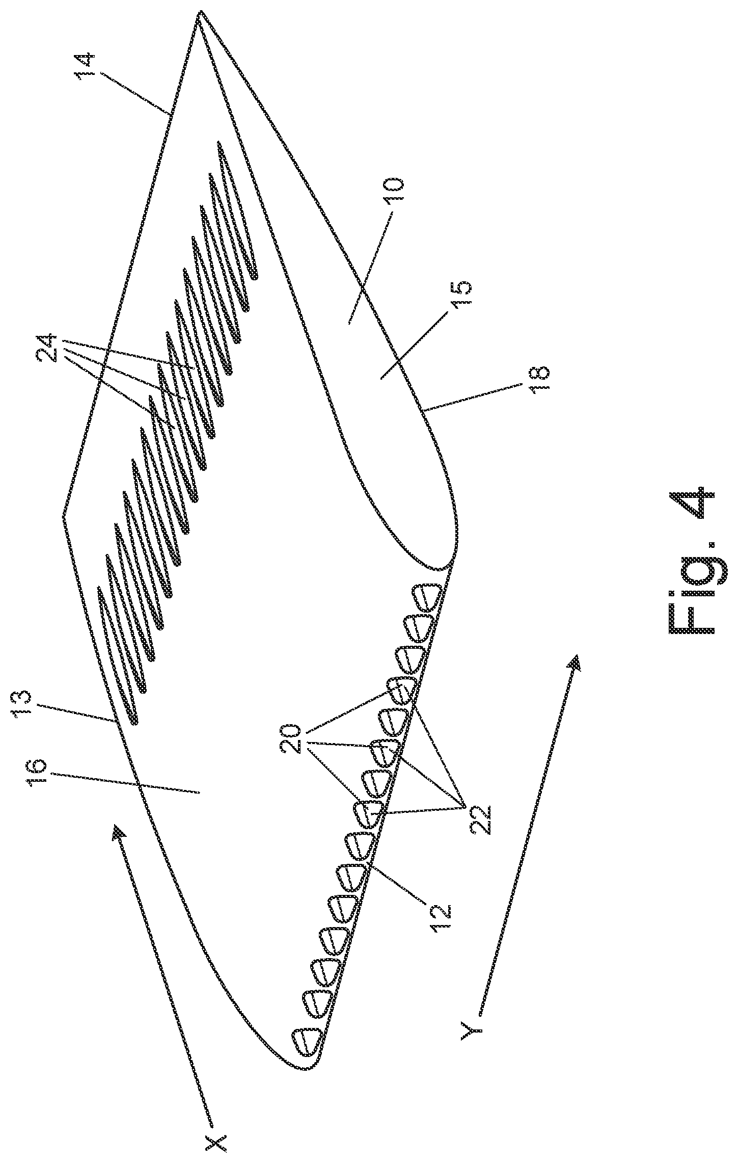 Patent US12320326 Figure 4 – Trailing edge noise reduction using an airfoil with an internal bypass channel