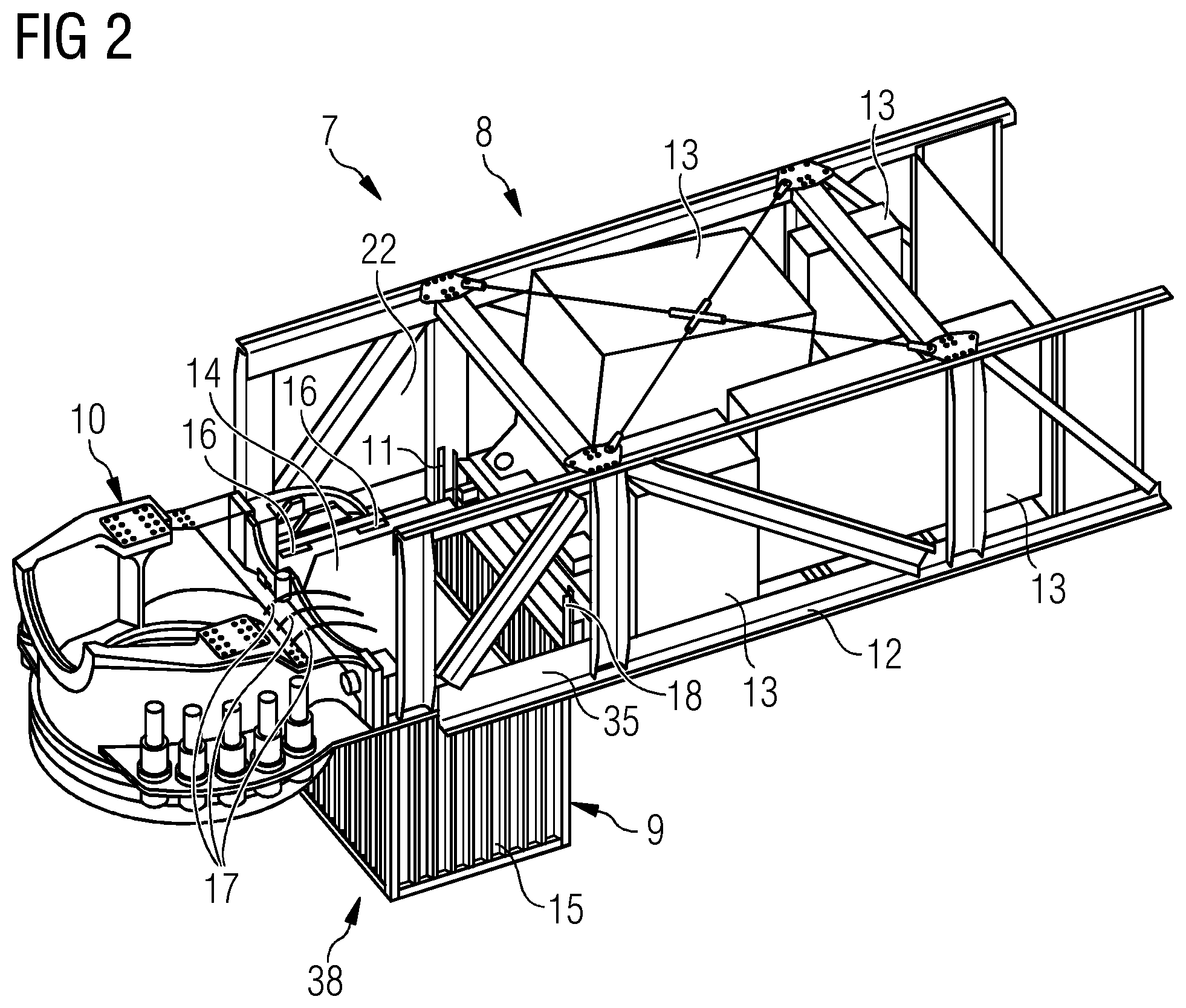 Patent US12320330 Figure 2 – Method for producing a wind turbine, a method for demounting a module, a nacelle structure and a wind turbine