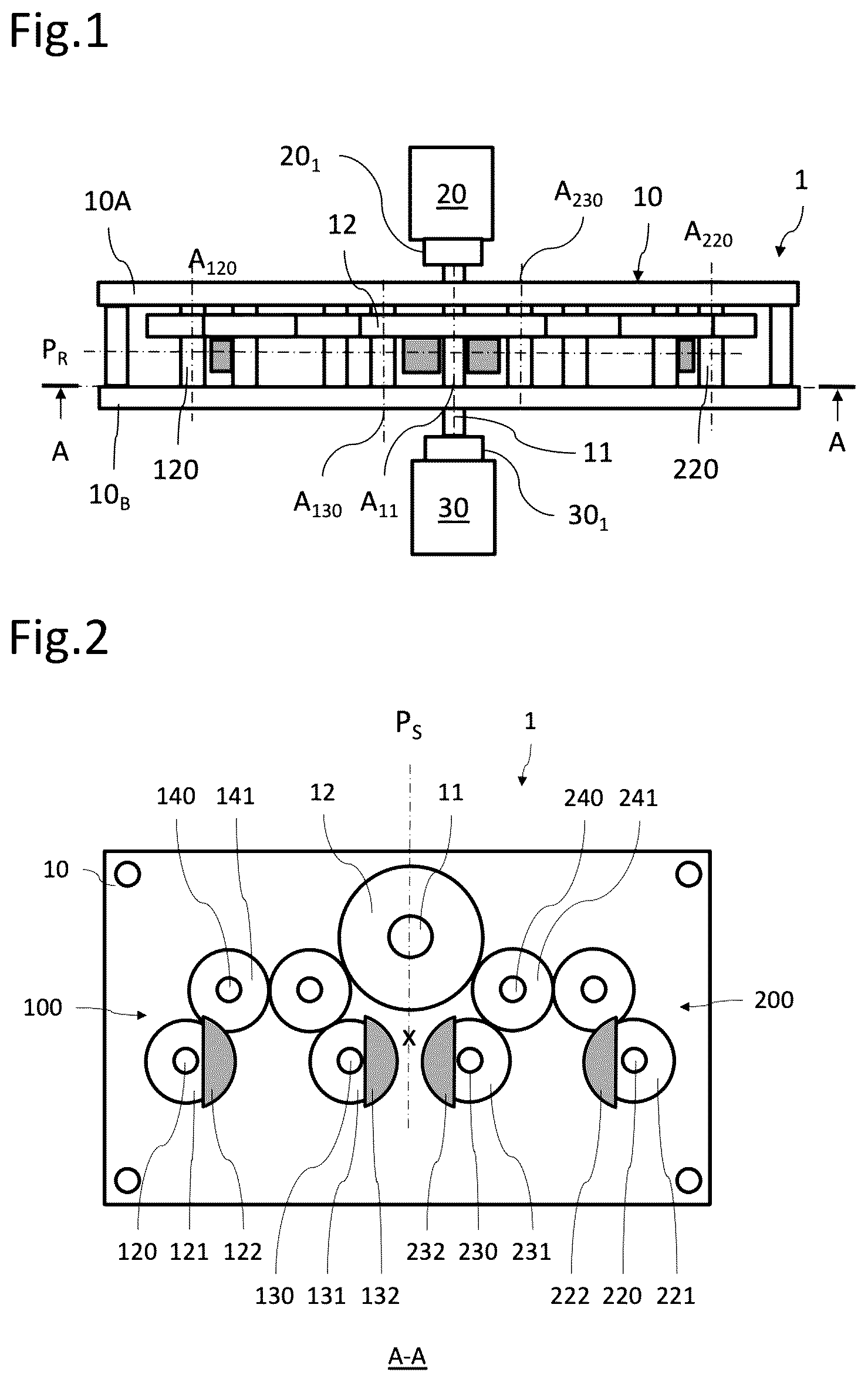 Patent US12320337 Figure 1 – Versatile system equipped with a pair of mechanisms with eccentric elements capable of moving in rotation