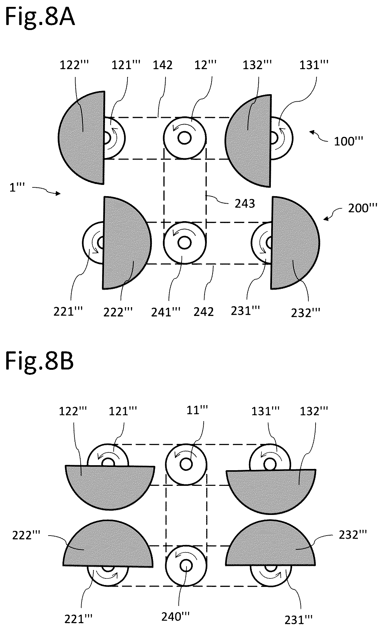 Patent US12320337 Figure 8 – Versatile system equipped with a pair of mechanisms with eccentric elements capable of moving in rotation