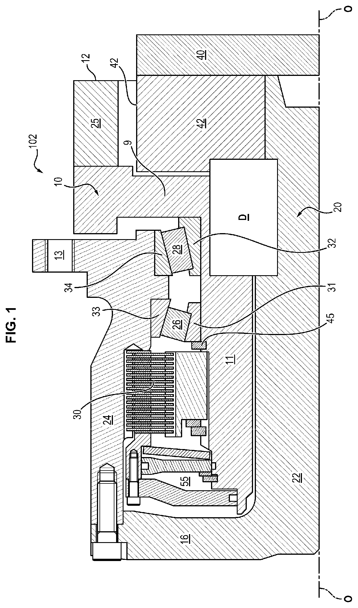 Patent US12320342 Figure 1 – Hydraulic machine comprising bearings for supporting the rotating component