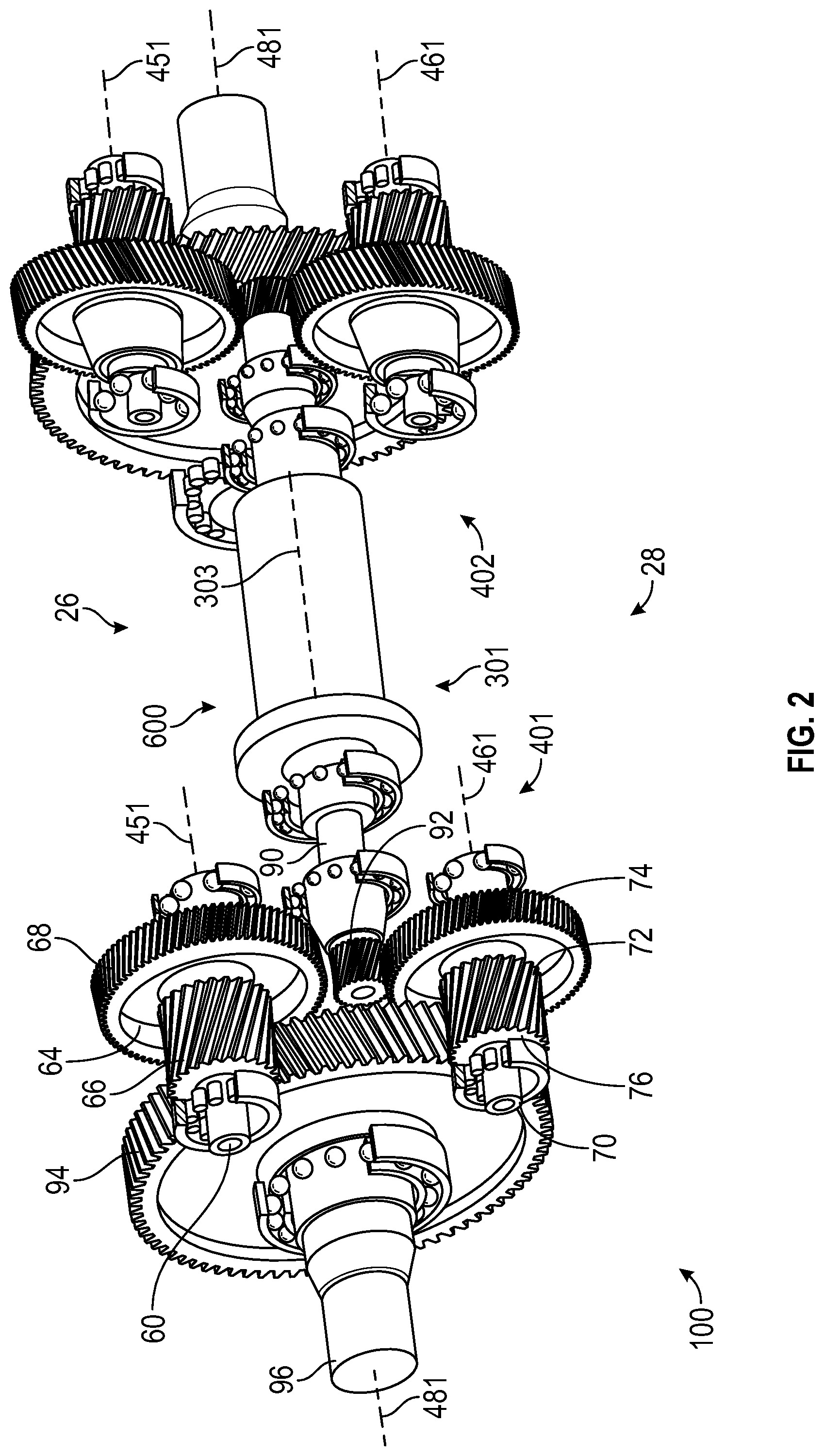 Patent US12320415 Figure 2 – Multi-axis gear piloting carrier for electric drive unit