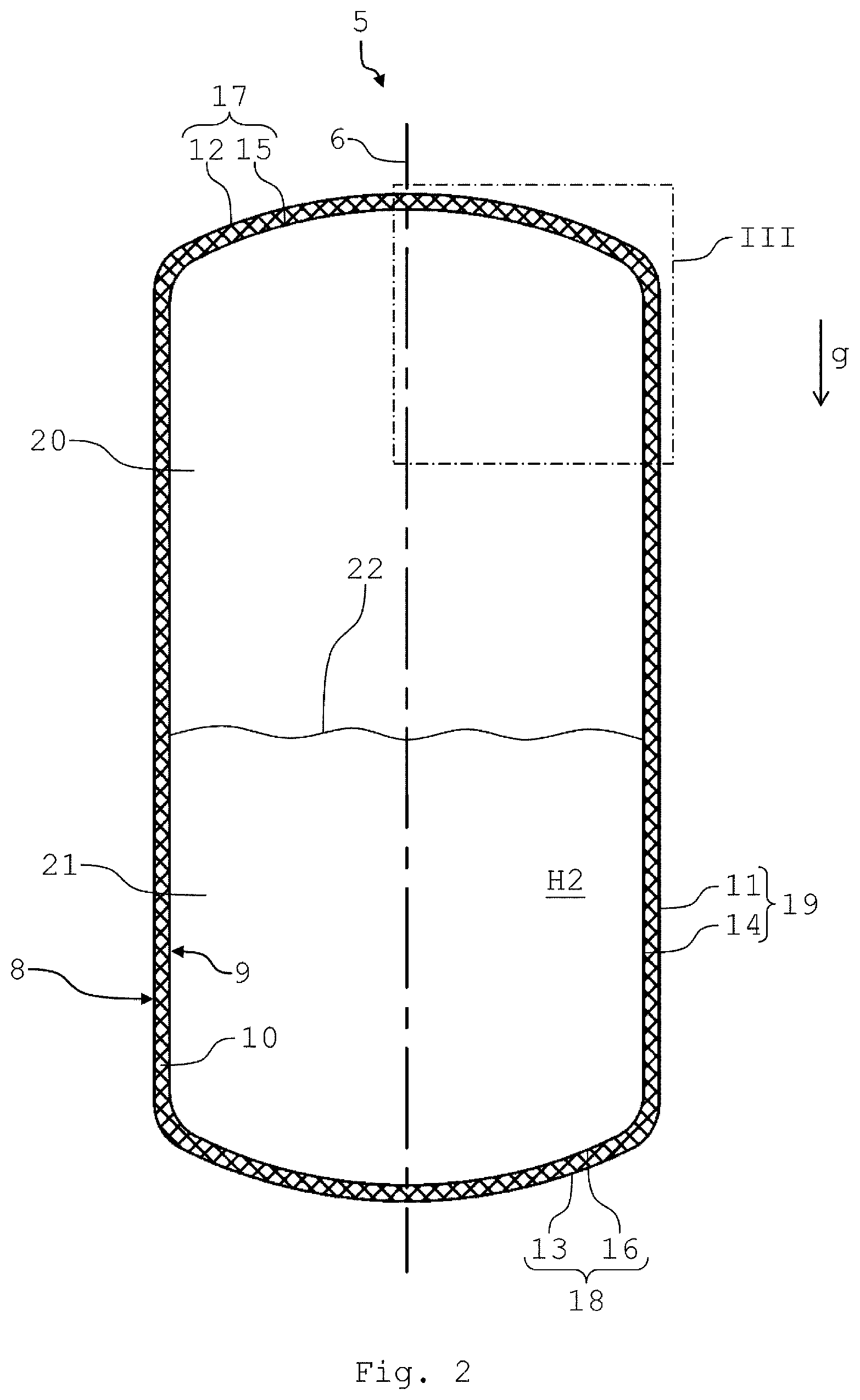 Patent US12320472 Figure 2 – Storage tank for liquid hydrogen with fill level indicator