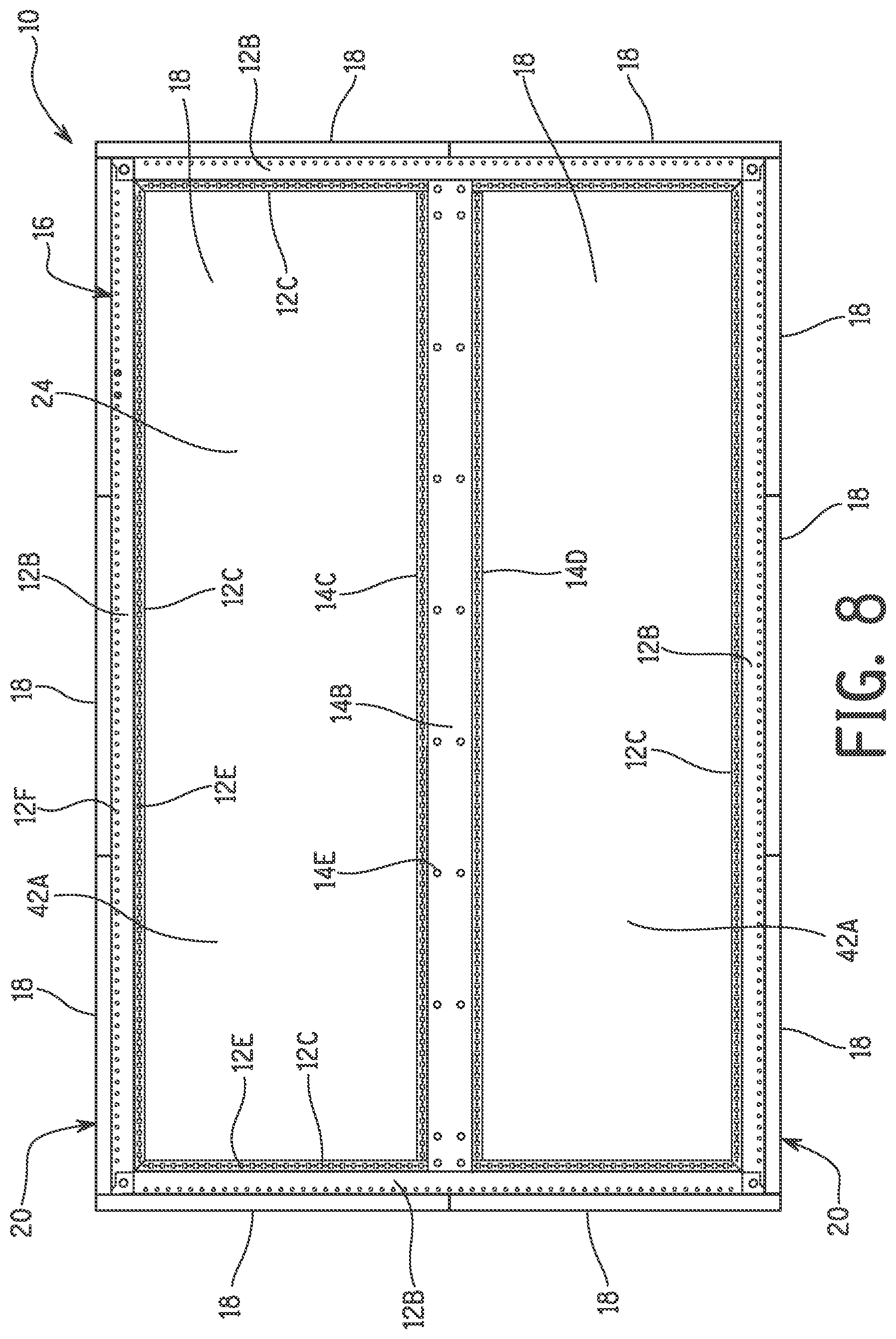 Patent US12320543 Figure 8 – Thermally broken panel assembly for an air handler cabinet