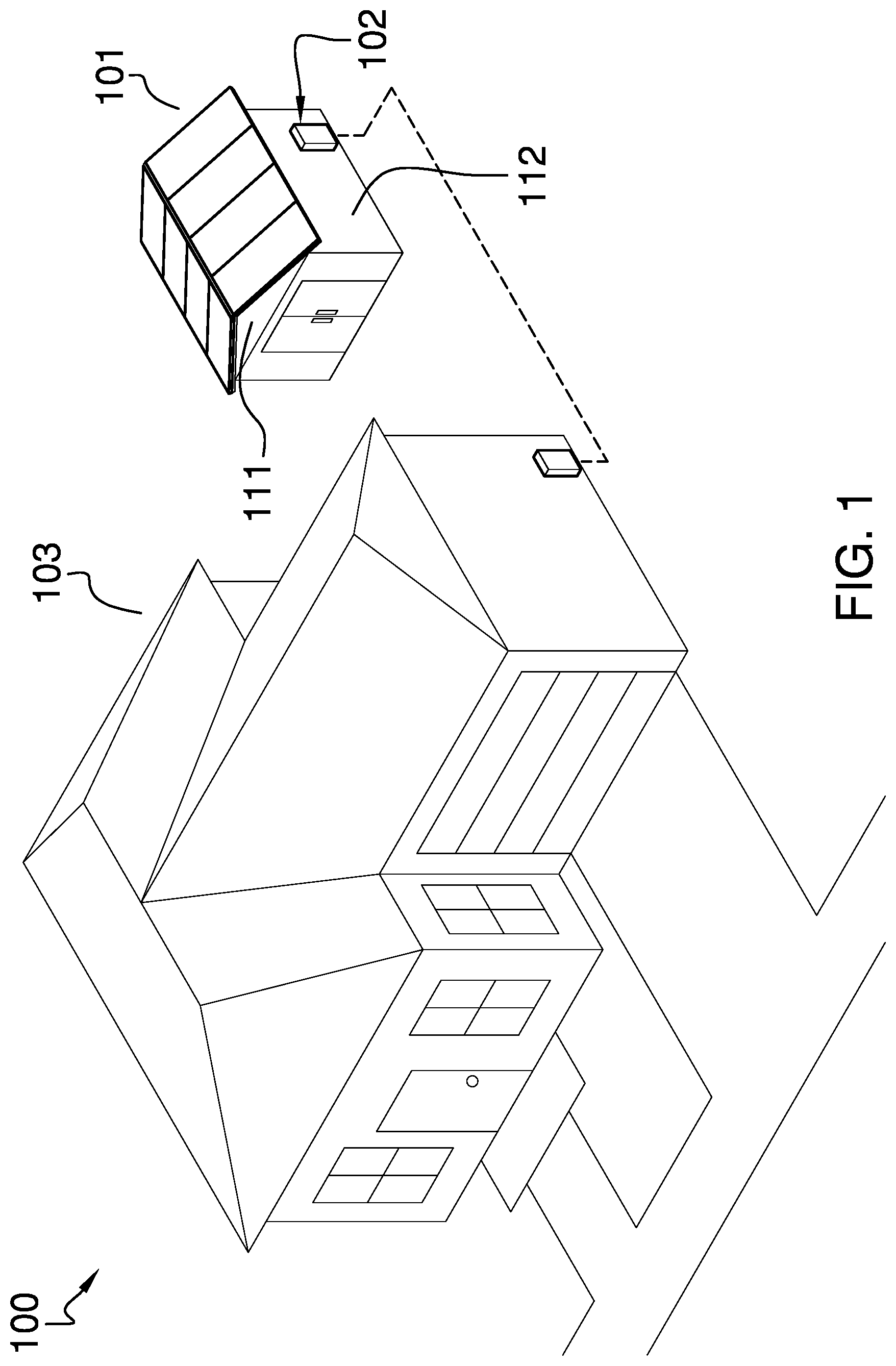 Patent US12320553 Figure 1 – Storage shed with integrated solar roof