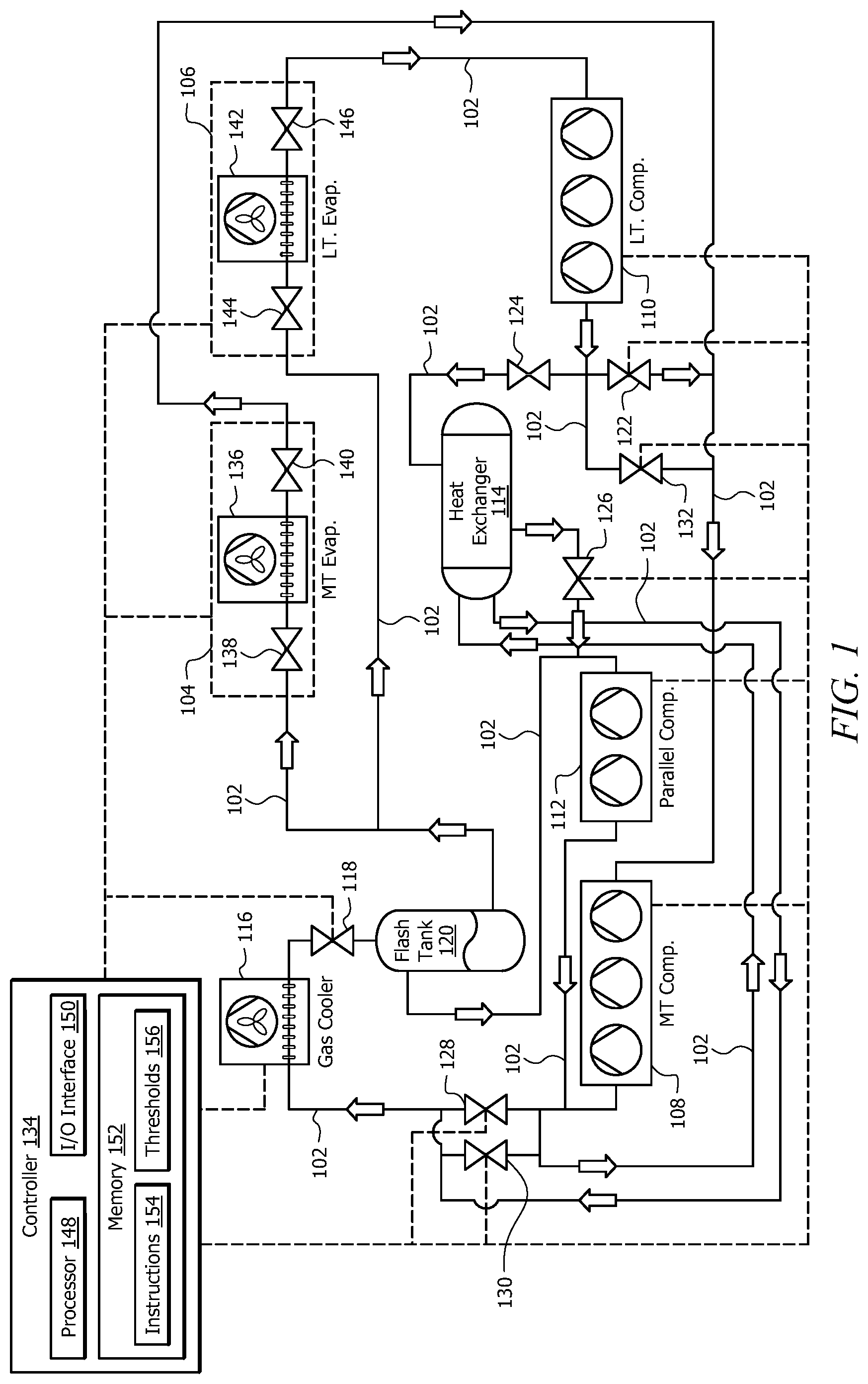 Patent US12320558 Figure 1 – CO 2 refrigeration system with isochoric compression