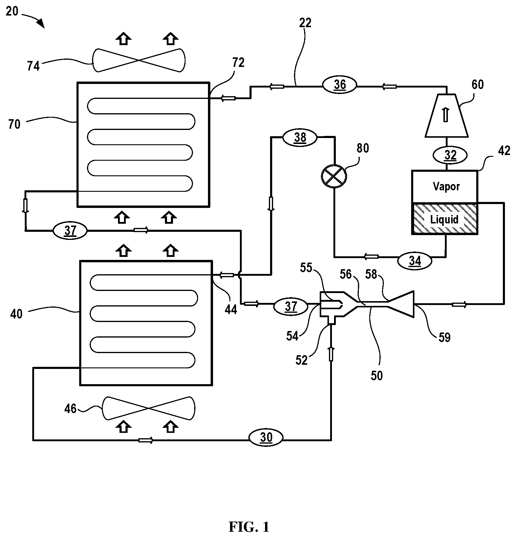 Patent US12320569 Figure 1 – Climate control systems having ejector cooling for use with moderate to high glide working fluids and methods for operation thereof