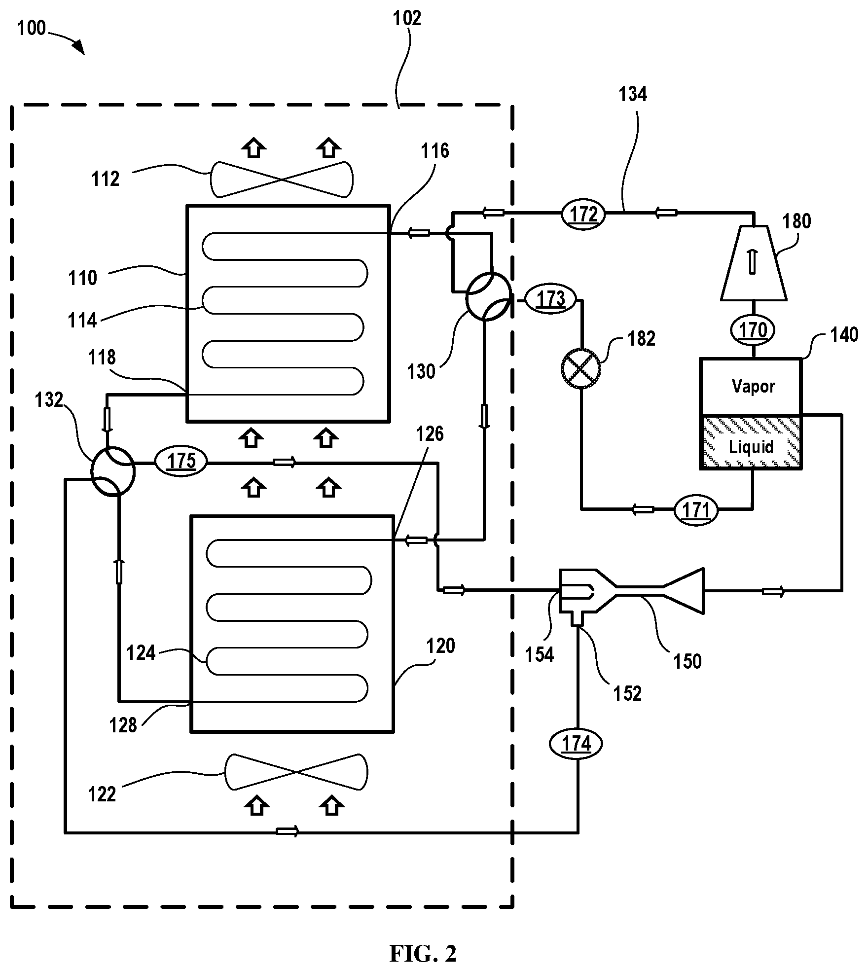 Patent US12320569 Figure 2 – Climate control systems having ejector cooling for use with moderate to high glide working fluids and methods for operation thereof