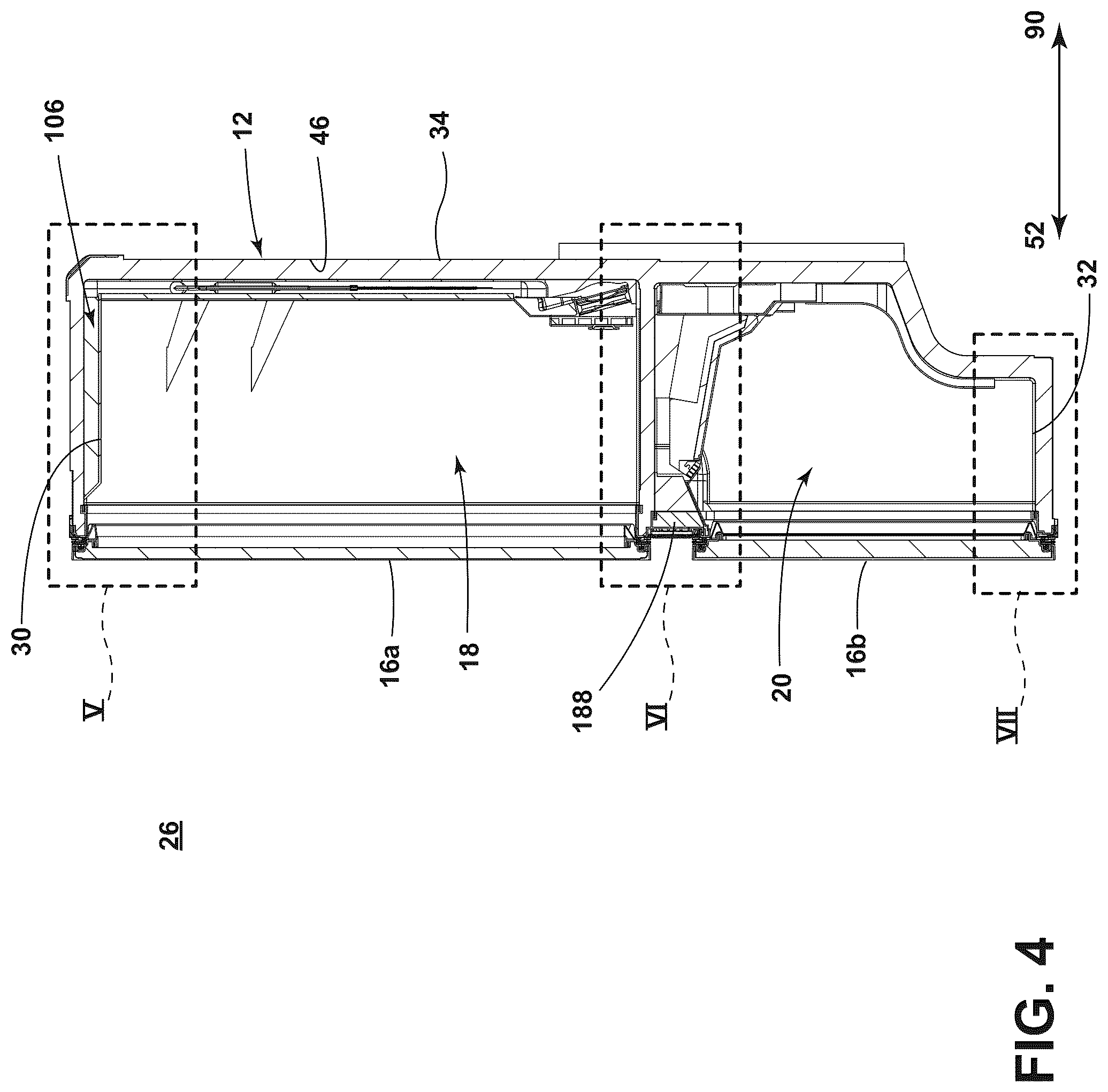 Patent US12320577 Figure 4 – Refrigerator cabinet with a trim breaker and vacuum insulated panel associated with the trim breaker