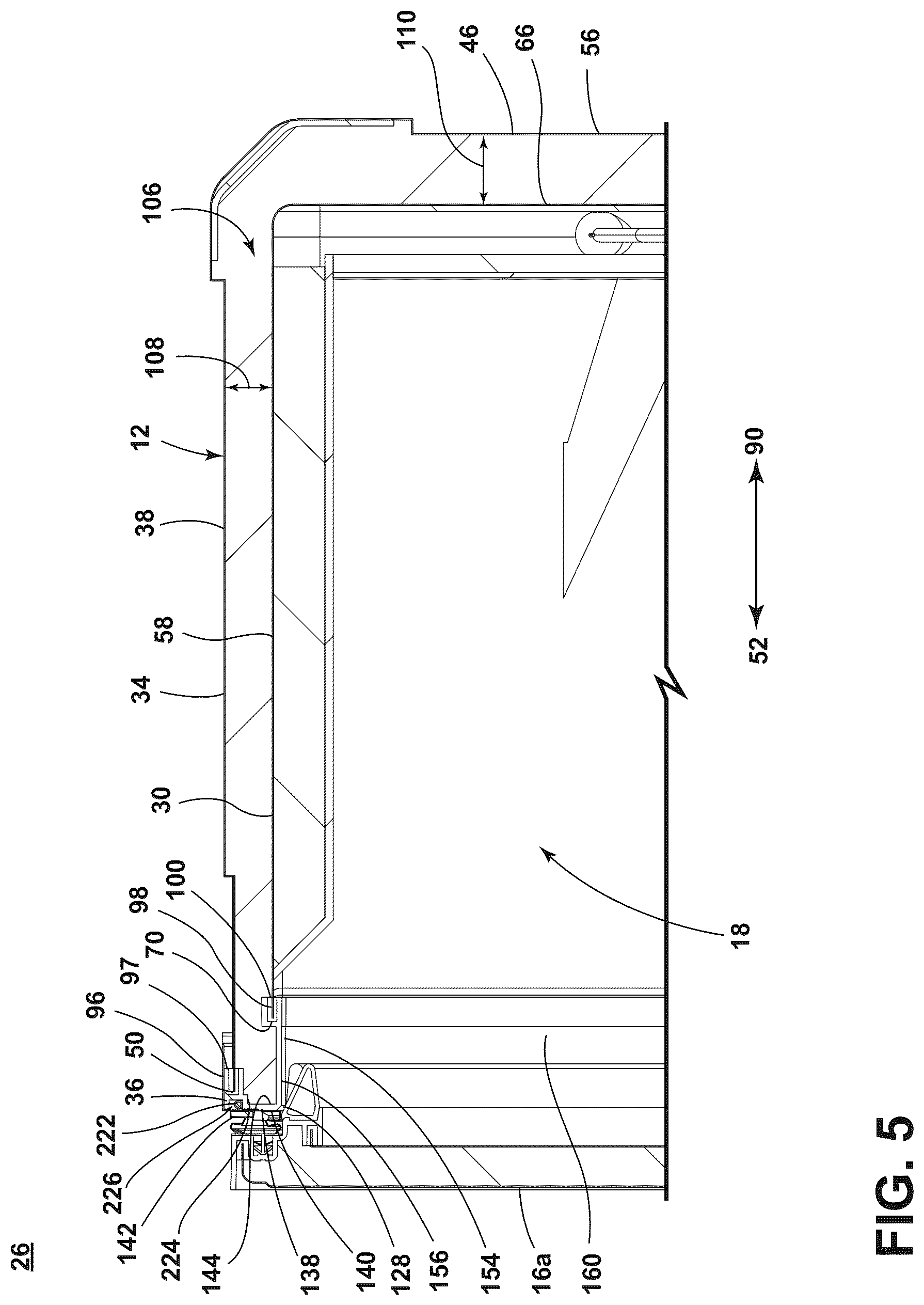 Patent US12320577 Figure 5 – Refrigerator cabinet with a trim breaker and vacuum insulated panel associated with the trim breaker