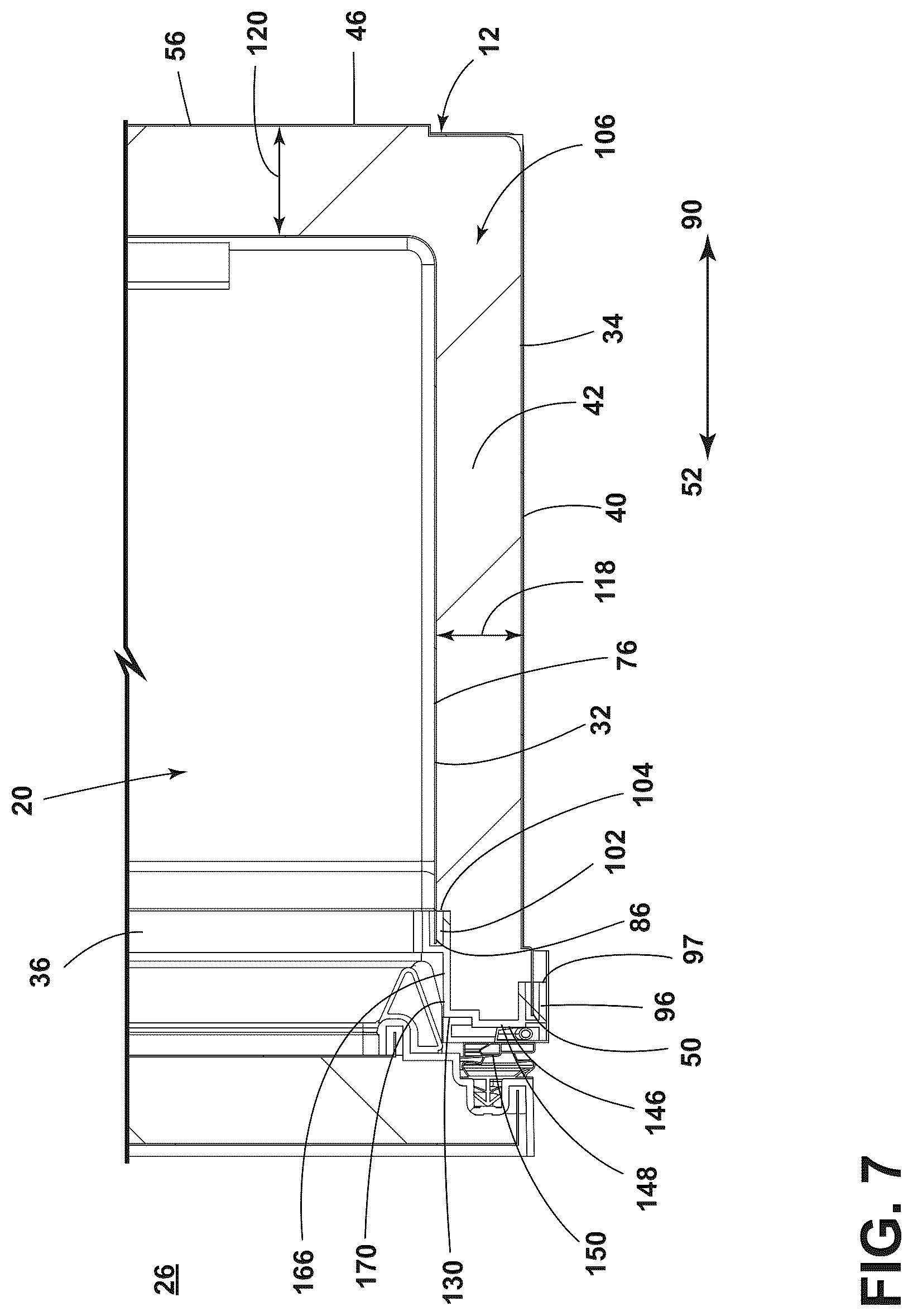 Patent US12320577 Figure 7 – Refrigerator cabinet with a trim breaker and vacuum insulated panel associated with the trim breaker