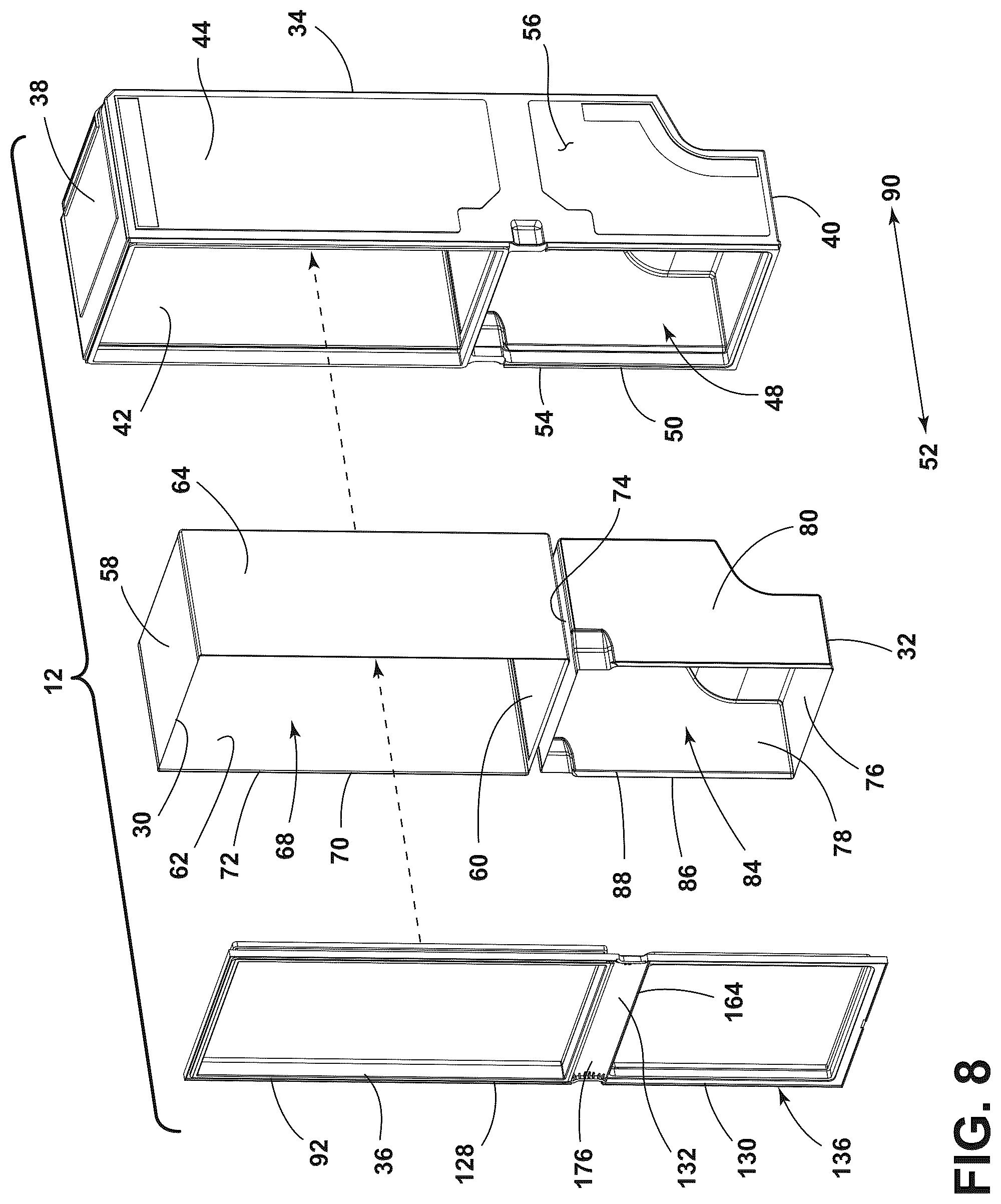 Patent US12320577 Figure 8 – Refrigerator cabinet with a trim breaker and vacuum insulated panel associated with the trim breaker