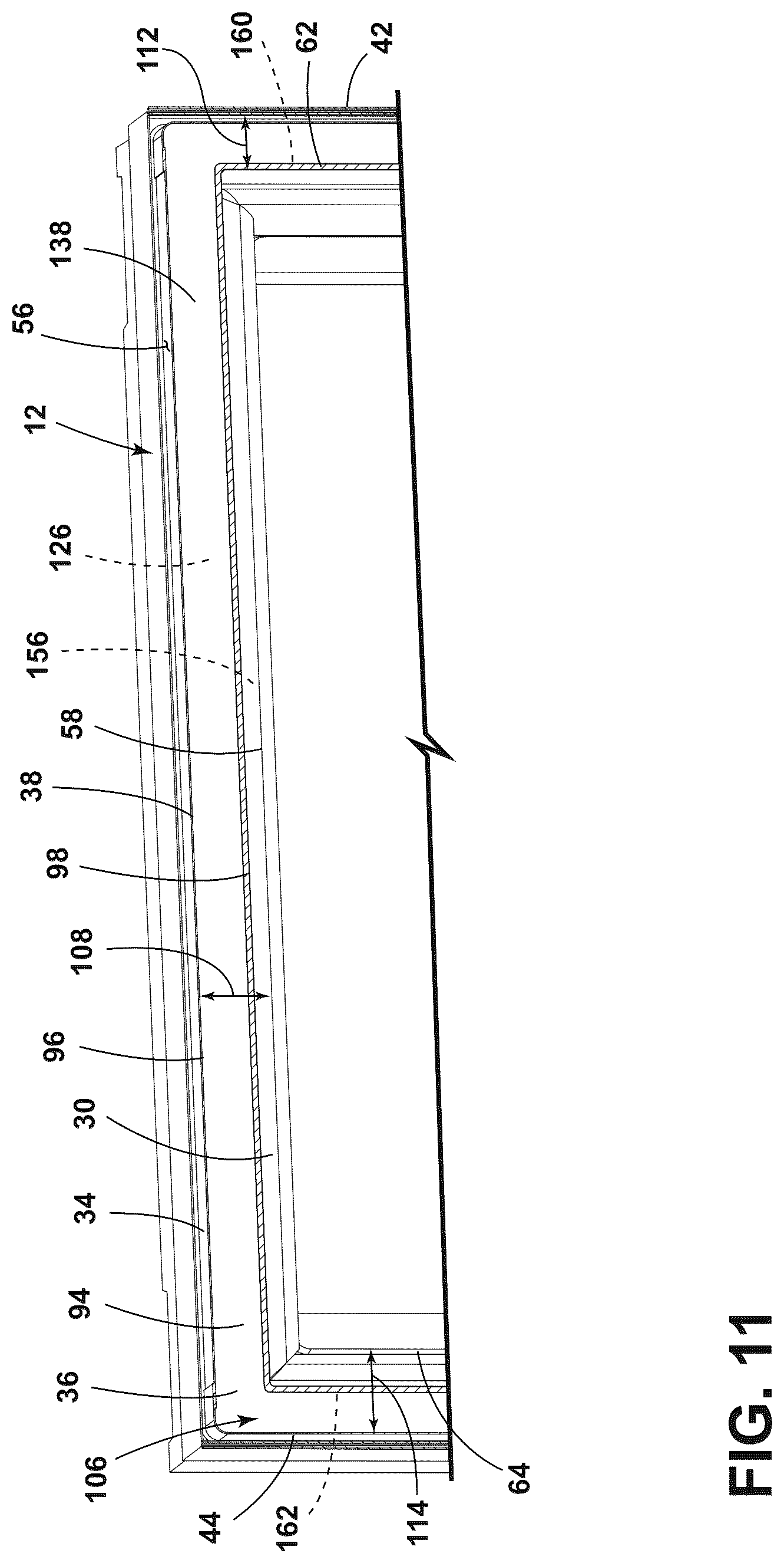 Patent US12320577 Figure 11 – Refrigerator cabinet with a trim breaker and vacuum insulated panel associated with the trim breaker