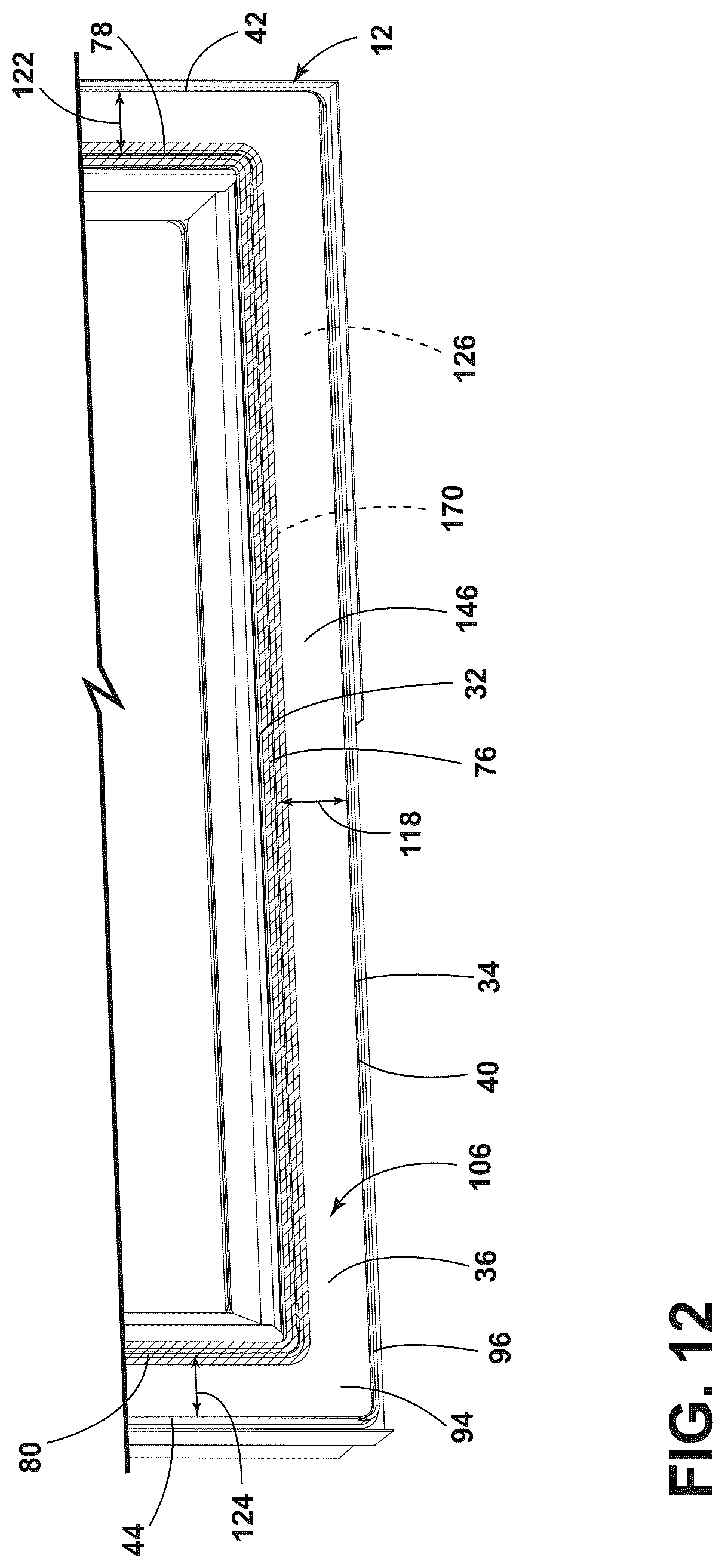Patent US12320577 Figure 12 – Refrigerator cabinet with a trim breaker and vacuum insulated panel associated with the trim breaker