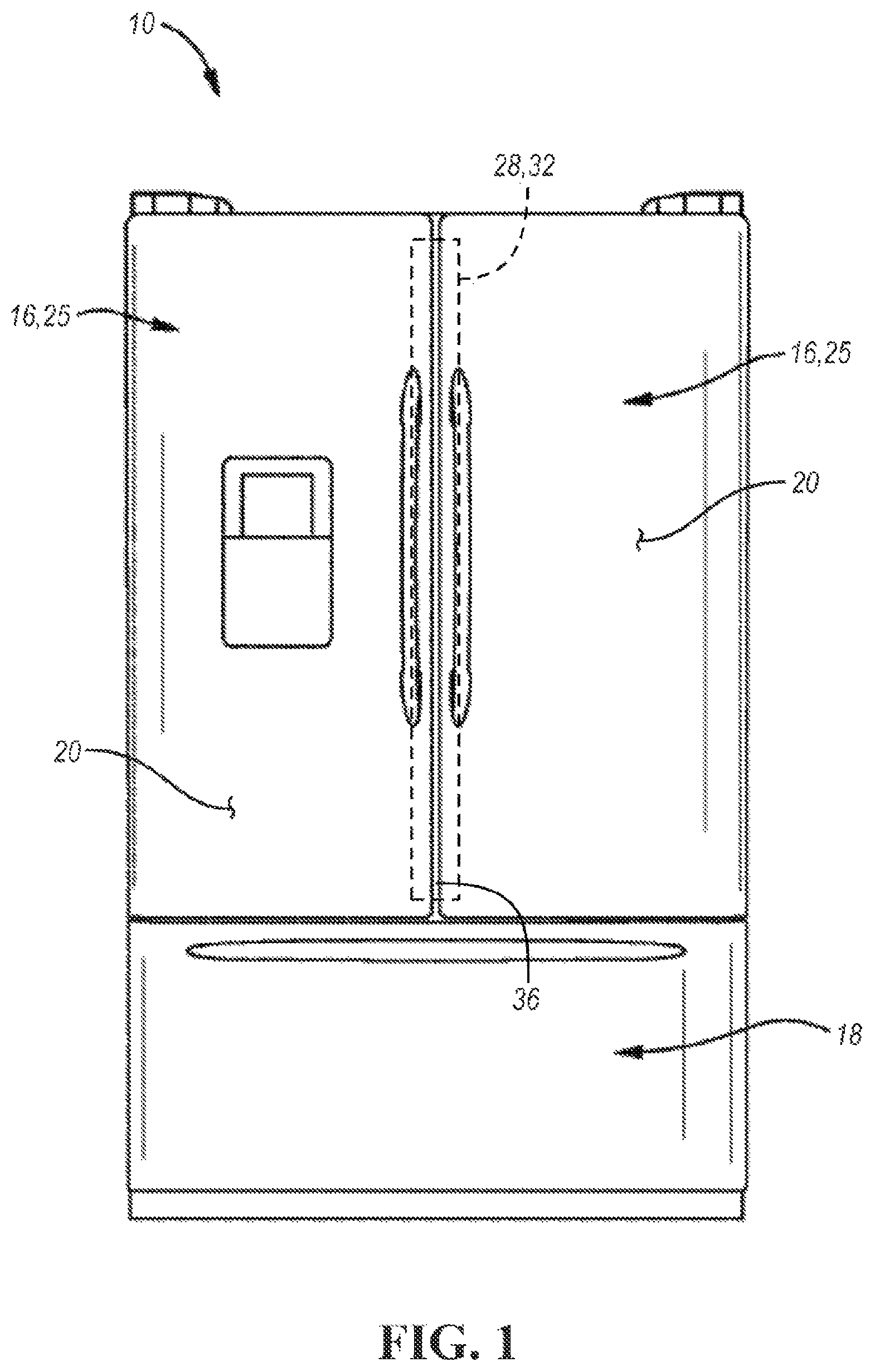 Patent US12320578 Figure 1 – Refrigerator and corresponding shelving system