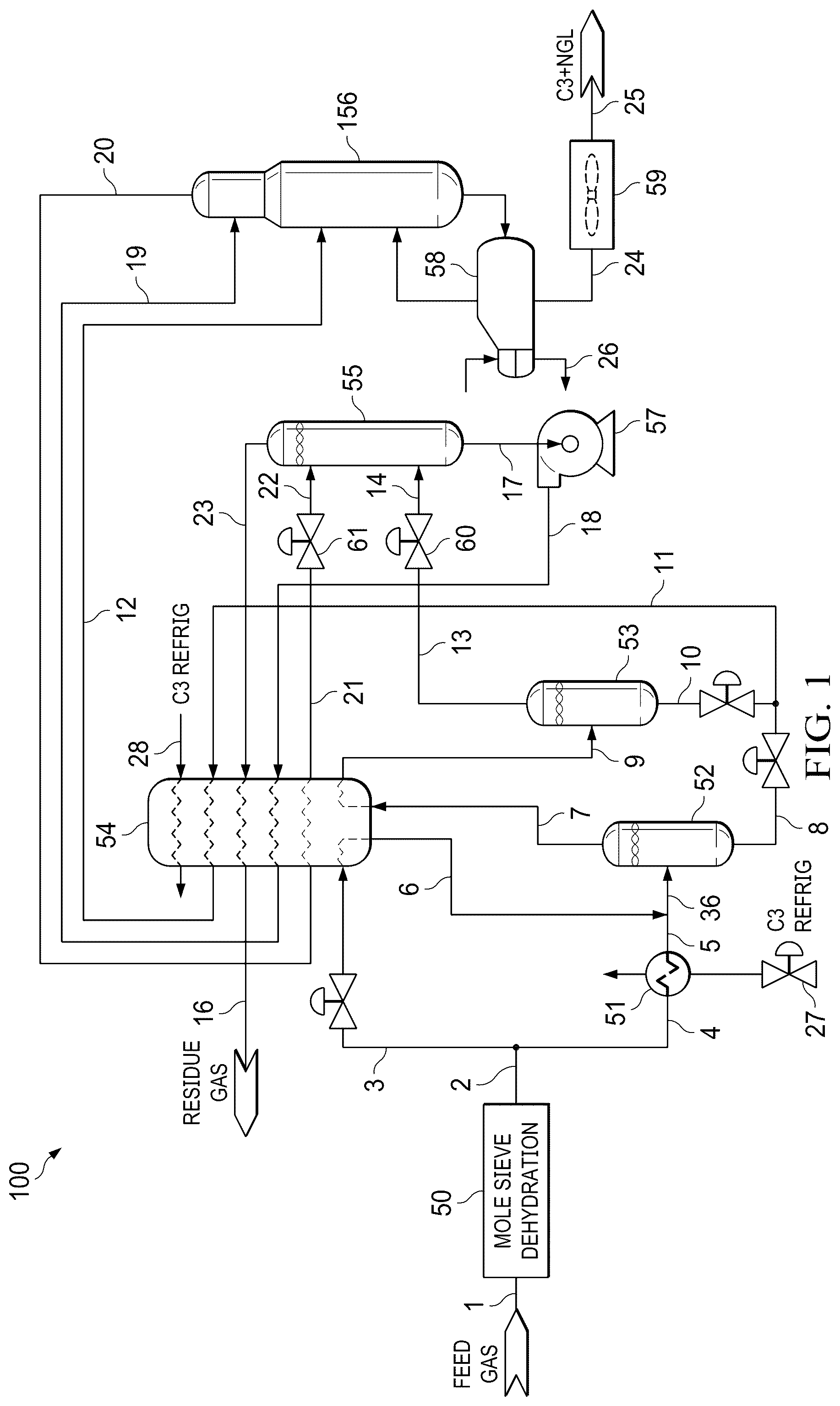 Patent US12320587 — Phase implementation of natural gas liquid recovery plants — Figure 1