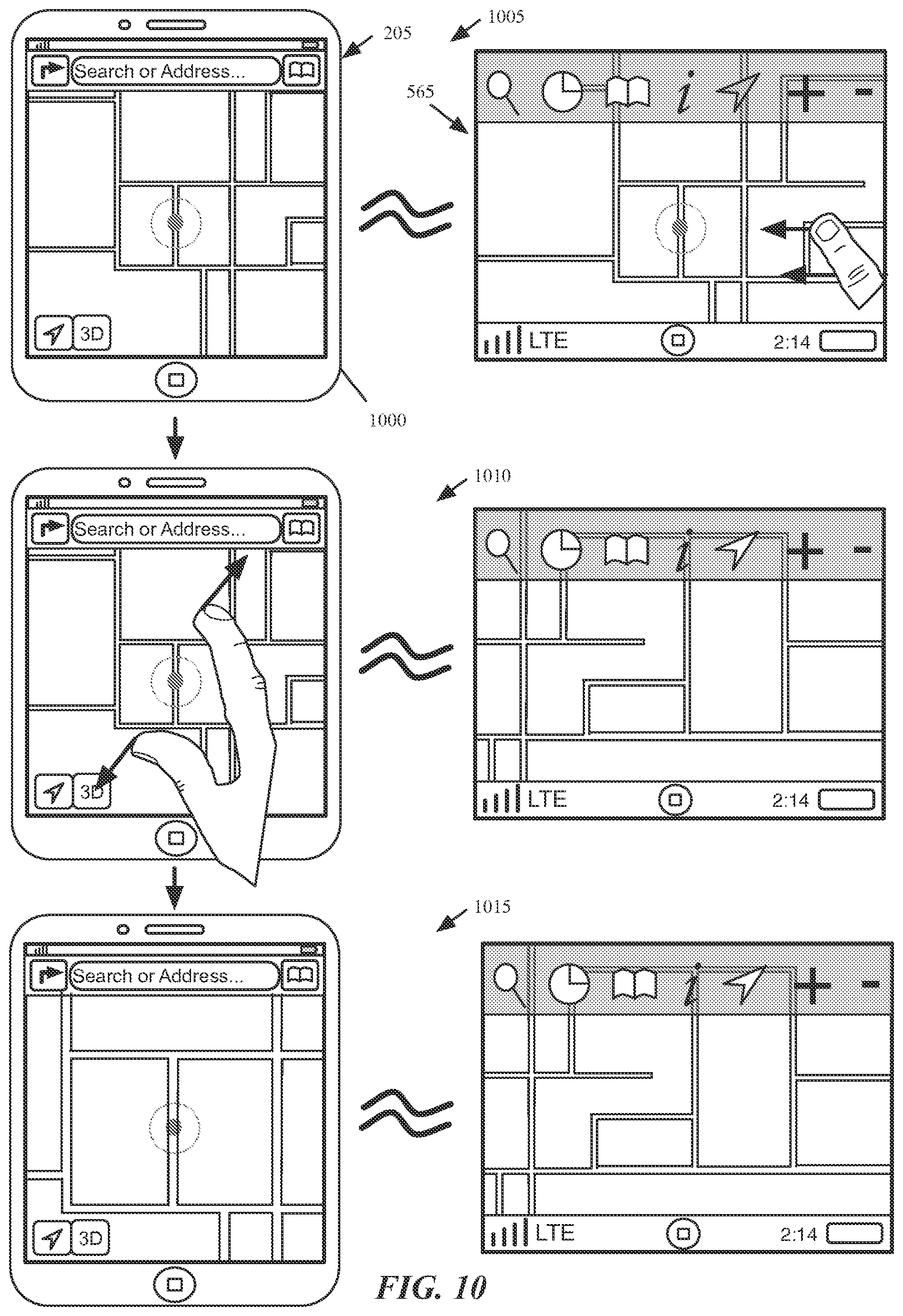 Patent US12320661 Figure 10 – Mapping application with turn-by-turn navigation mode for output to vehicle display