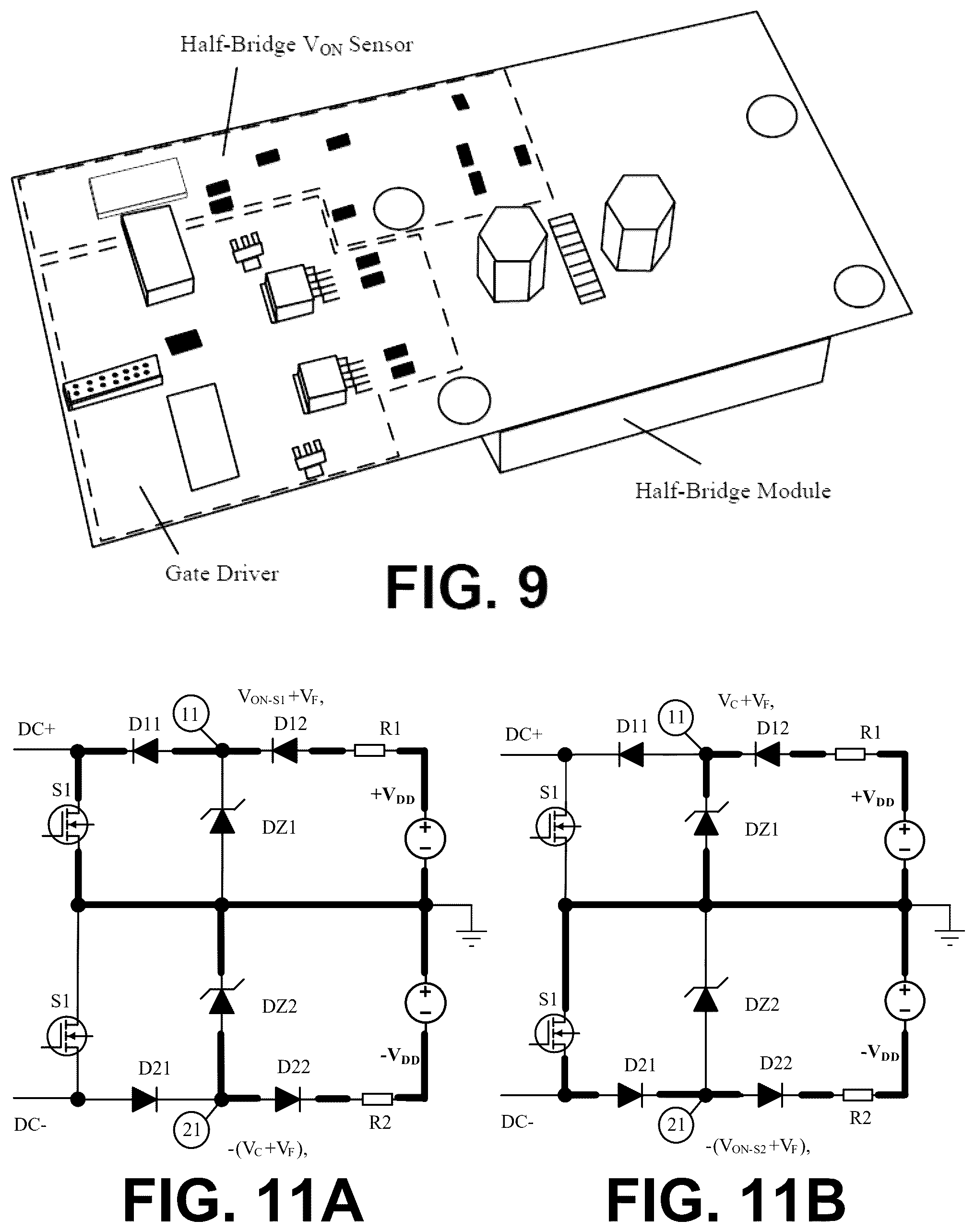 Patent US12320829 Figure 9 – On-state voltage measurement of high-side and low-side power transistors in a half-bridge for in-situ prognostics