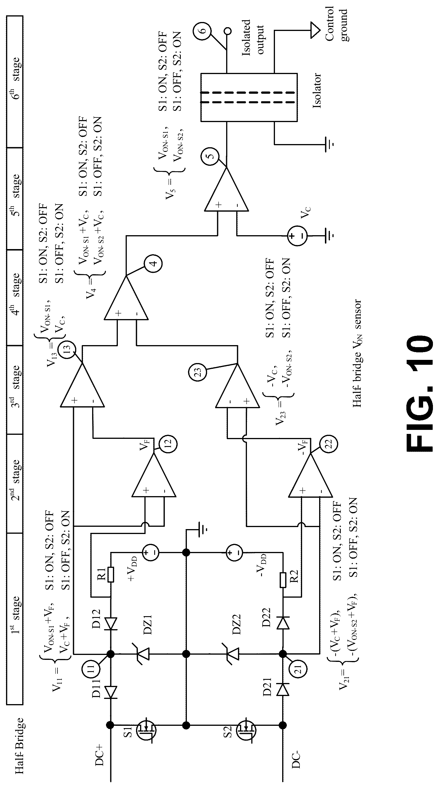 Patent US12320829 Figure 10 – On-state voltage measurement of high-side and low-side power transistors in a half-bridge for in-situ prognostics