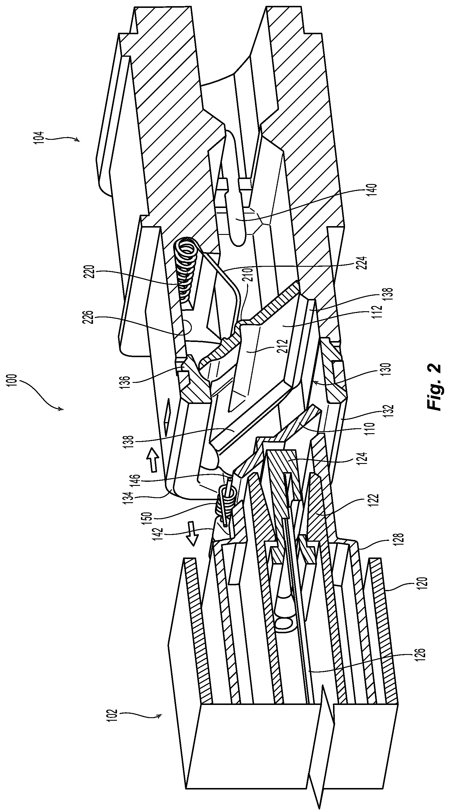 Patent US12321019 Figure 2 – Dual interlocking shutter system for a fiber optic connector and adapter