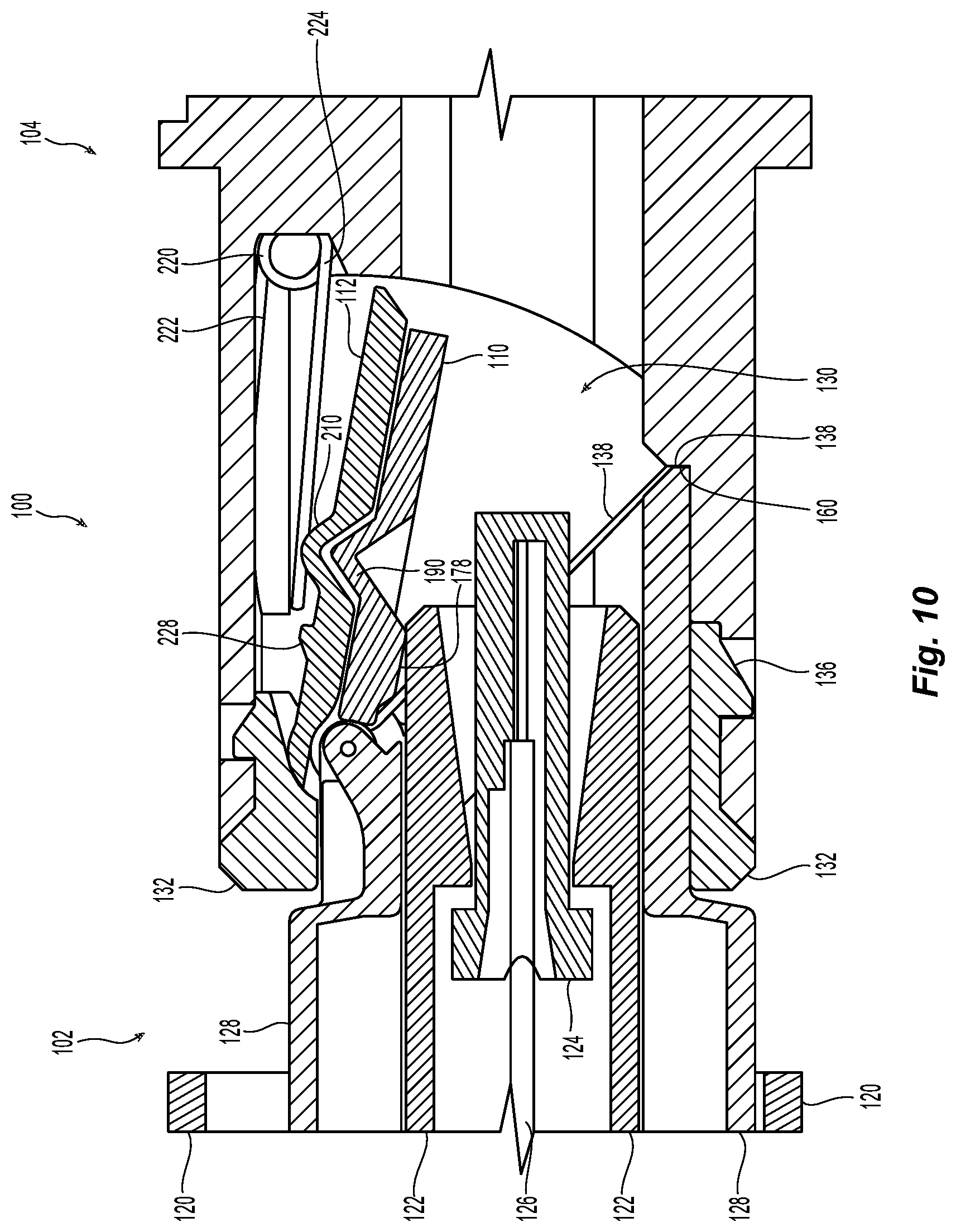 Patent US12321019 Figure 9 – Dual interlocking shutter system for a fiber optic connector and adapter